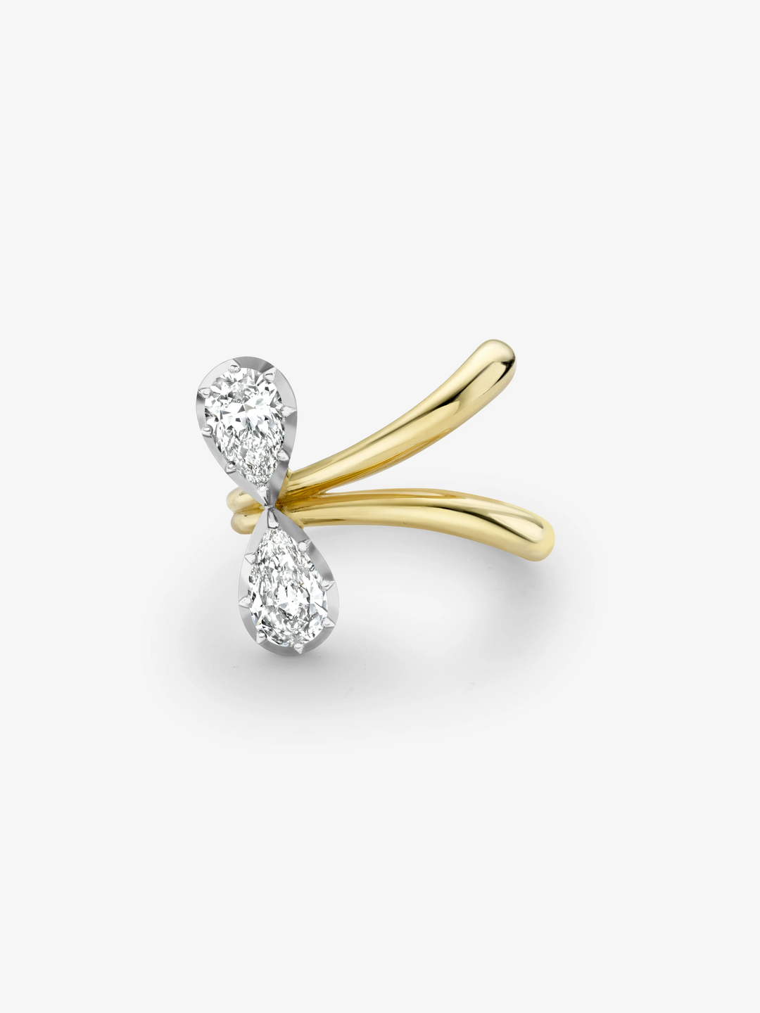 Jessica McCormack bow-inspired ring featuring two pear-shaped diamonds and a sculptural white gold band, showcasing distinctive contemporary craftsmanship  View 1