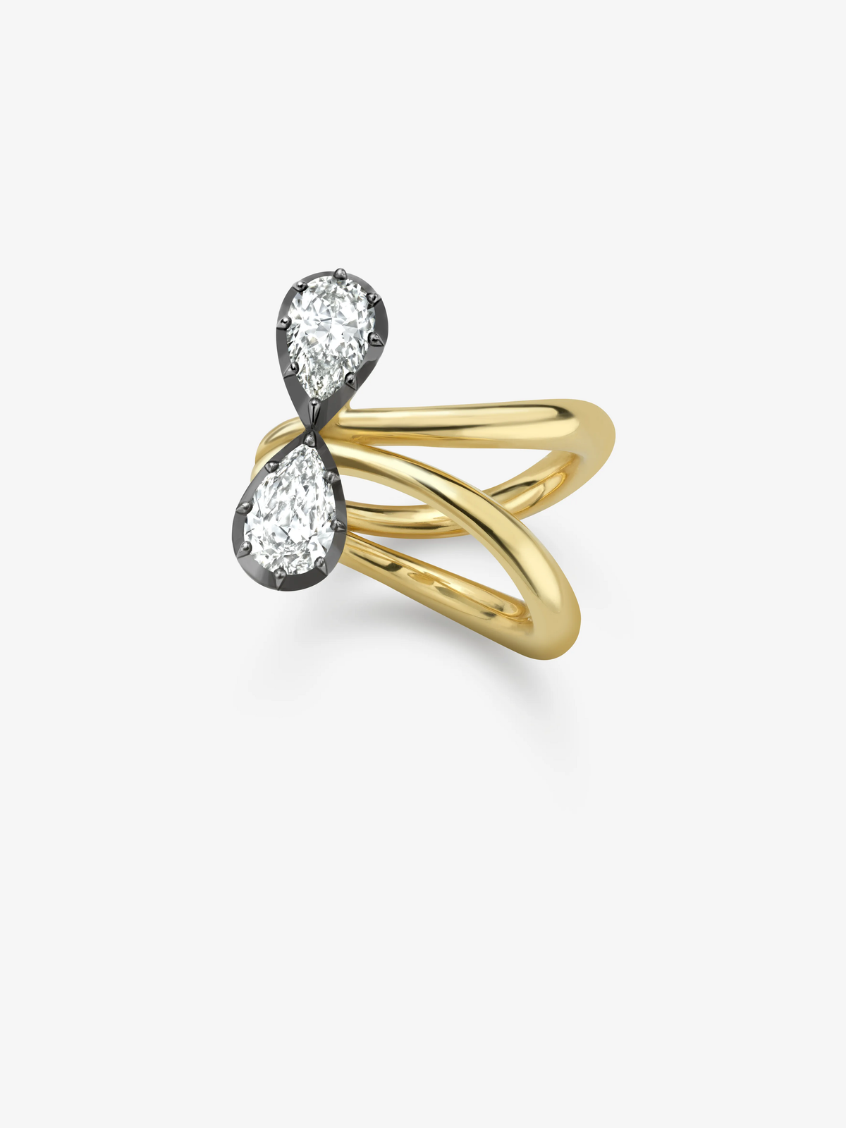 Pear shaped diamond ring with two diamonds in blackened gold settings, framed by intertwined yellow gold bands in a sculptural bow inspired design View 2