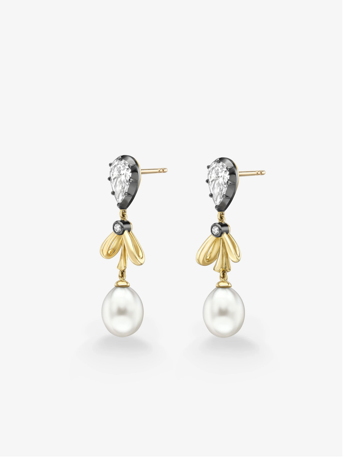 Jessica McCormack diamond, gold and pearl earrings featuring sculptural bow motifs, oval diamond settings and lustrous pearl drops View 2