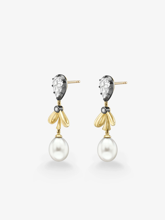 Bows Diamond, Gold & Pearl Earrings View 2