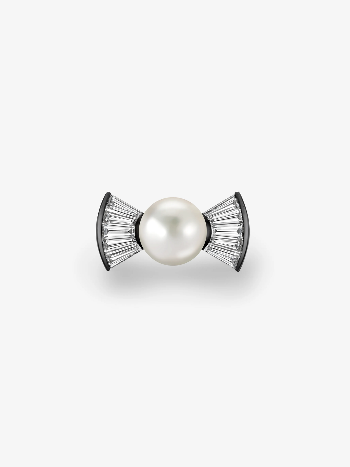 Jessica McCormack diamond and pearl ring with a round central pearl and fan-shaped diamond-set shoulders in an antique-inspired design View 1