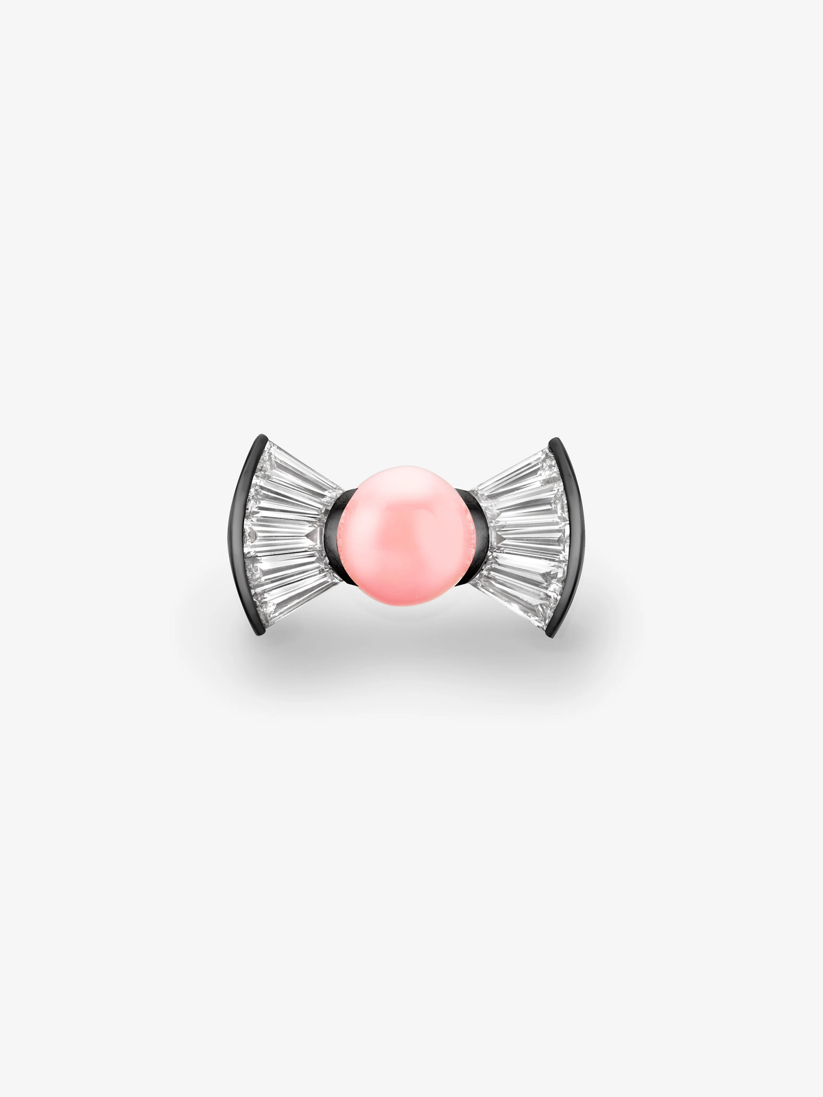 Jessica McCormack ring featuring a luminous pink conch pearl framed by fan-shaped white diamonds in an antique-inspired bow design View 1