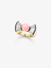 Diamond and conch pearl ring with a soft pink pearl centre, fan shaped diamond details and a warm yellow gold band in an antique inspired design