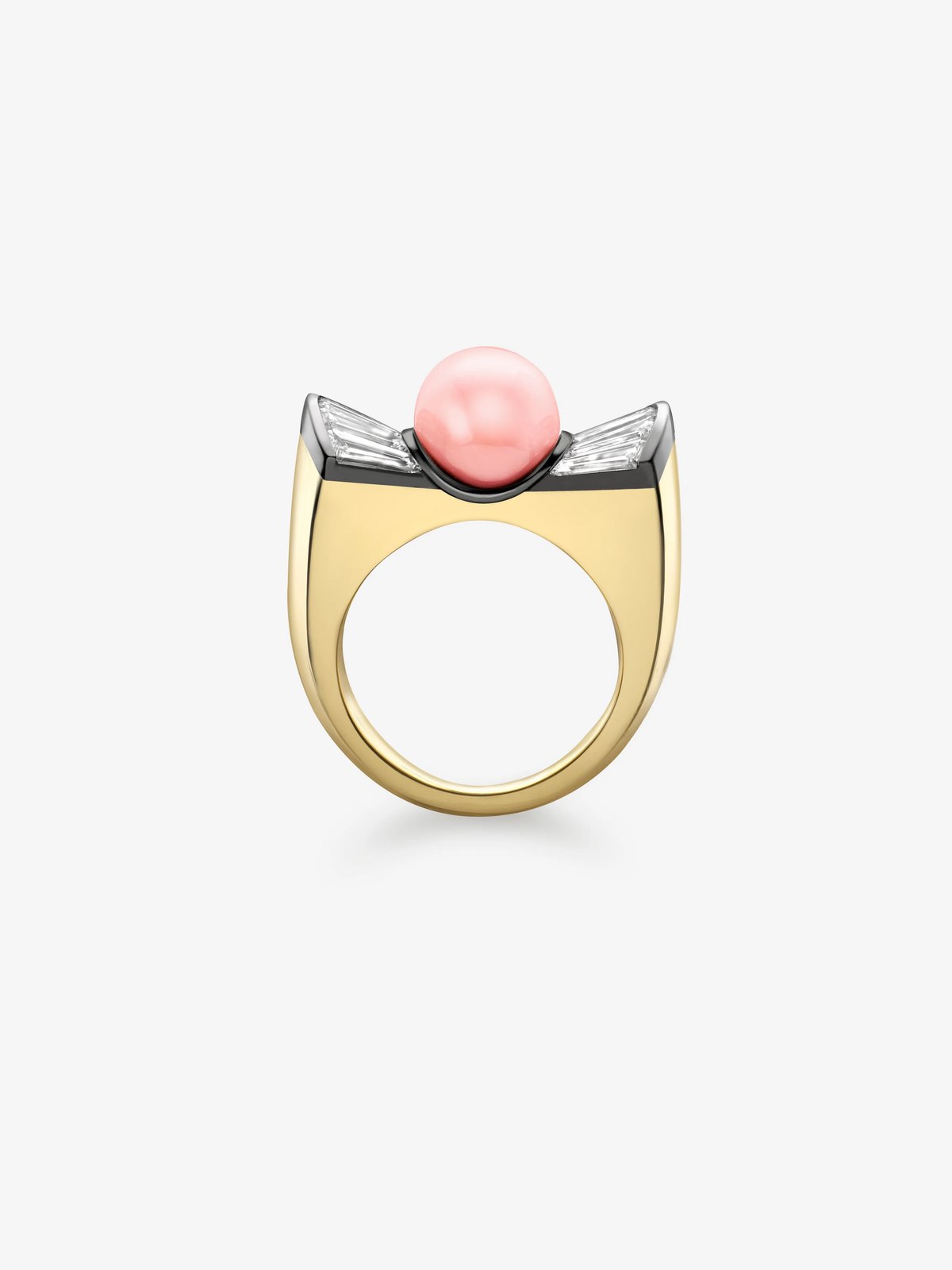 Two tone gold ring featuring a lustrous pink conch pearl framed by diamond set bow details in white gold, blending antique inspired artistry with contemporary style View 4