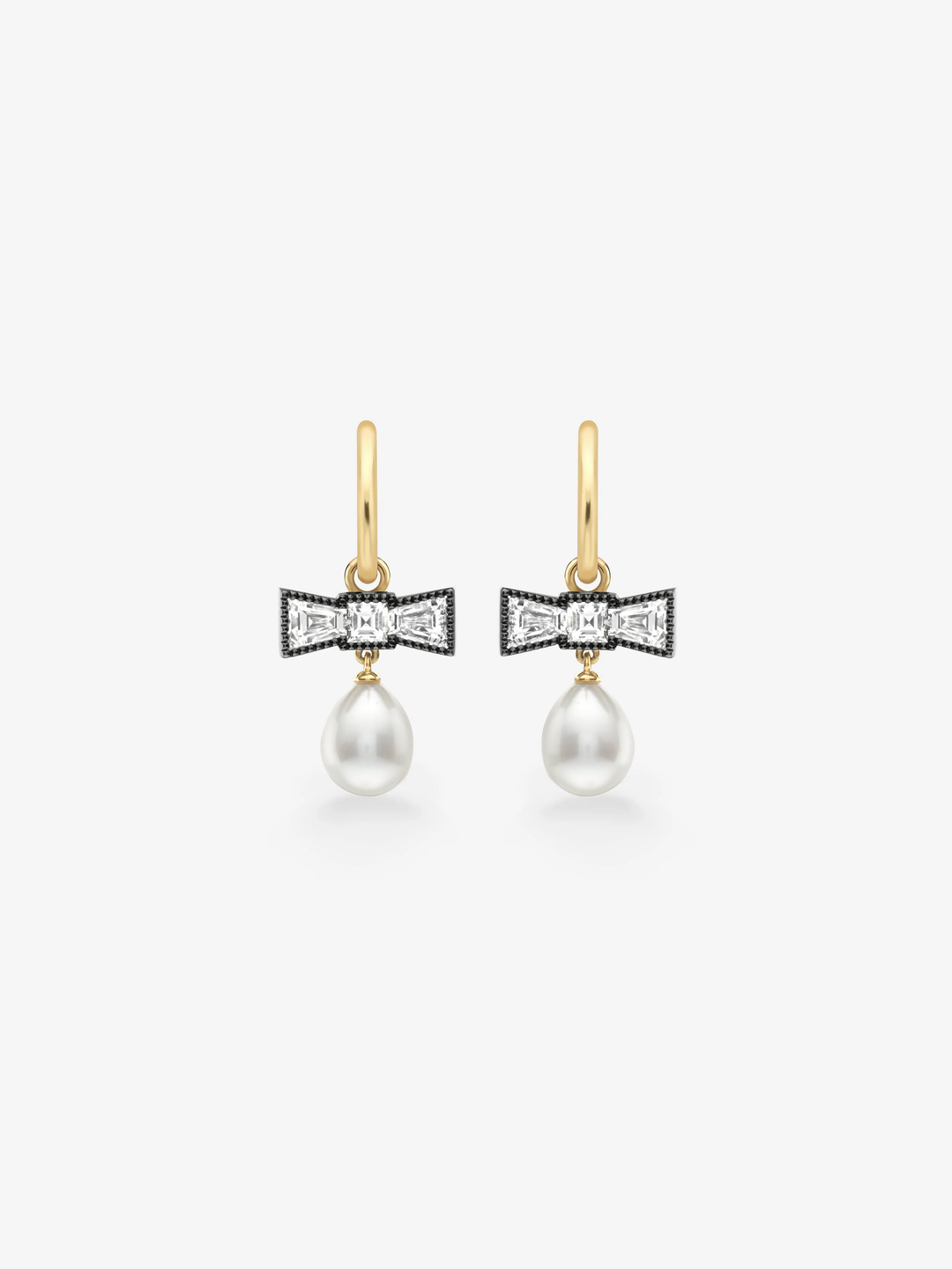 Jessica McCormack diamond and pearl bow hoop earrings with blackened gold bows and lustrous drop pearls  View 1
