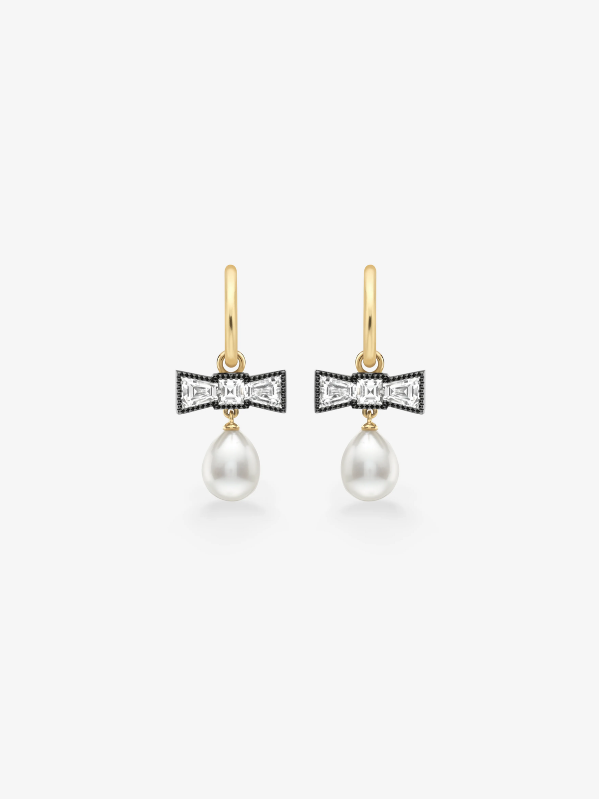 Jessica McCormack diamond and pearl bow hoop earrings with blackened gold bows and lustrous drop pearls View 1
