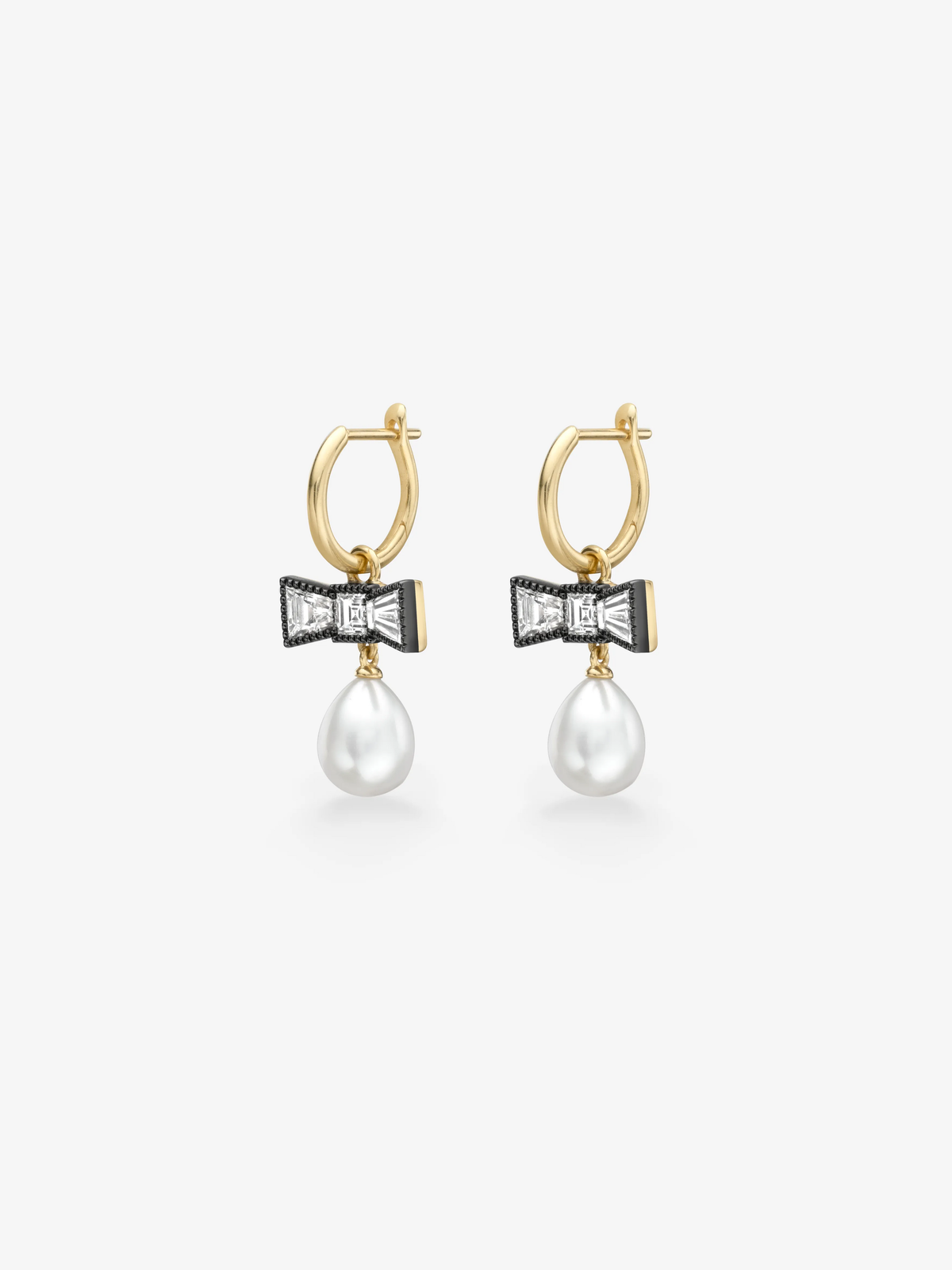 Jessica McCormack gold hoop earrings with blackened diamond bows and dangling white pearls, blending antique-inspired details with contemporary style View 2