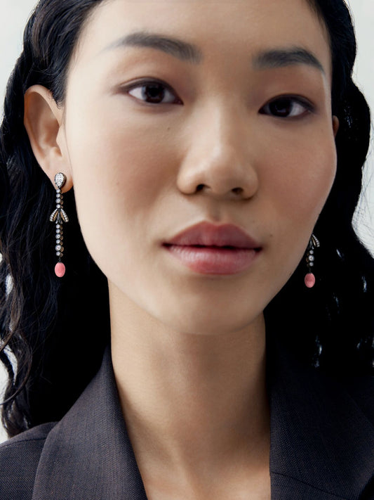 Bows Asymmetric Diamond & Conch Pearl Drop Earrings View 3