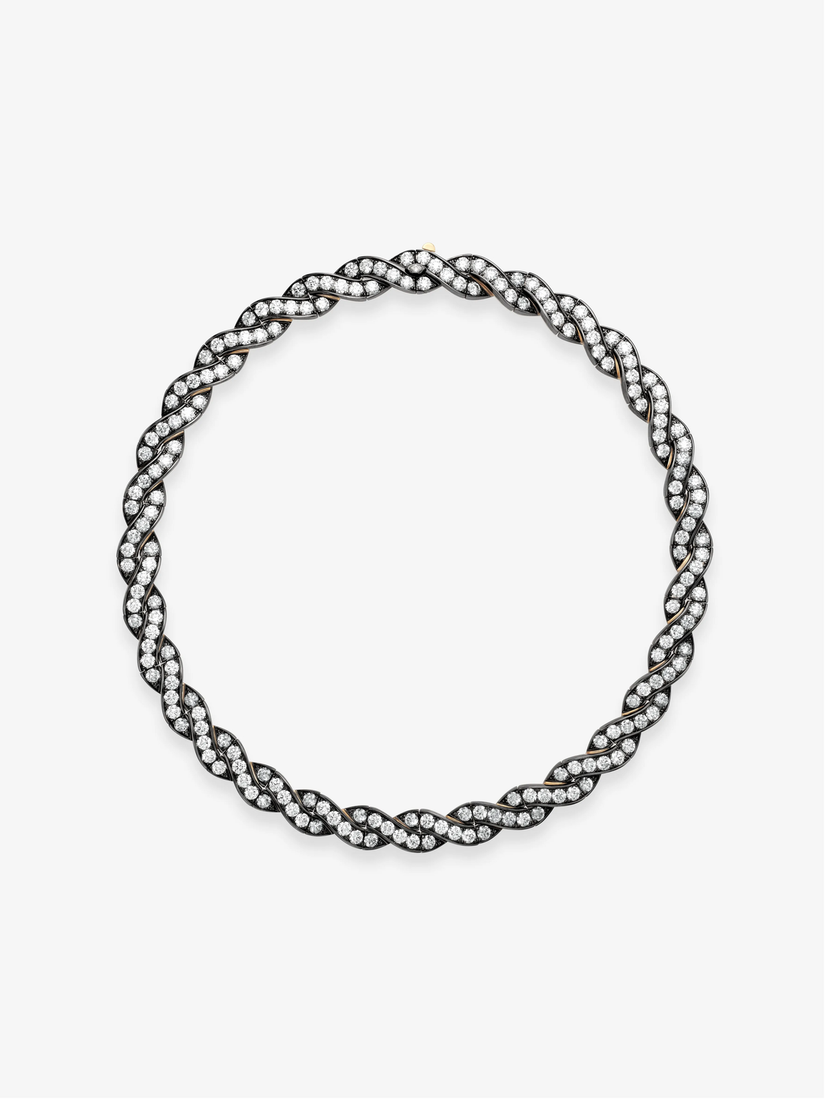 Jessica McCormack diamond and blackened gold ribbon necklace with intertwined pave bands forming a circular design on a white background View 1