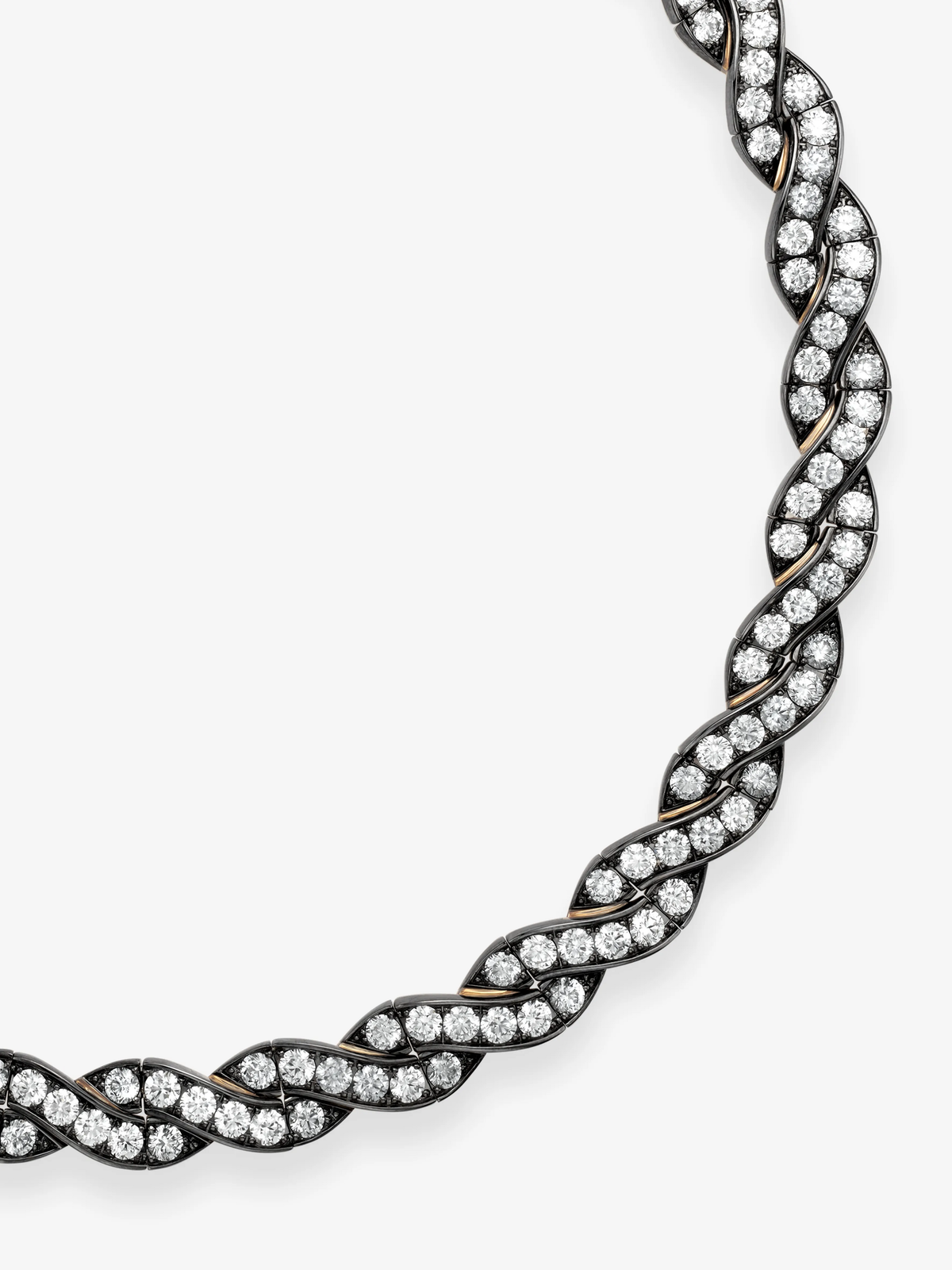 Close-up of a Jessica McCormack diamond and blackened gold necklace with intertwined ribbon links and rows of round diamonds in a sculptural design View 2