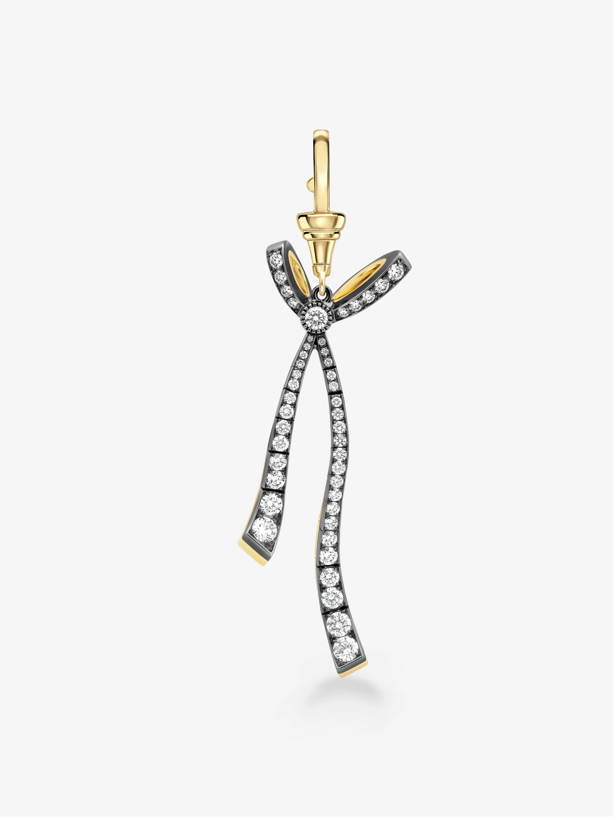 Diamond bow pendant with two long ribbon tails set with round diamonds, finished with a polished gold ball and chain fastening by Jessica McCormack View 1
