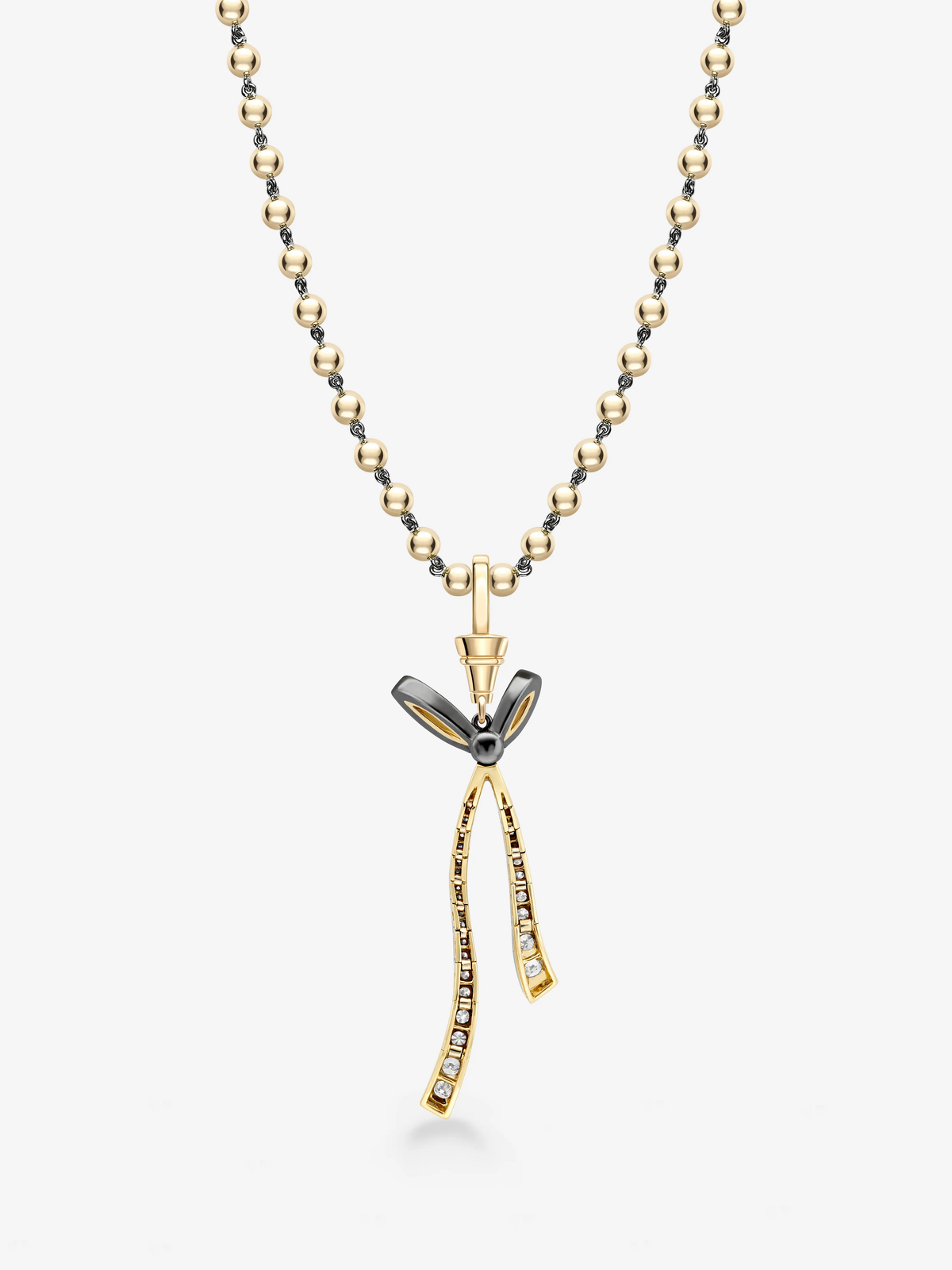 Jessica McCormack diamond pendant necklace with a mixed metal ball chain, sculptural bow detail and diamond set ribbon tails in blackened and yellow gold View 5