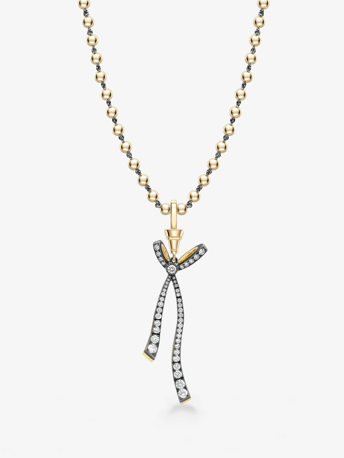 Jessica McCormack diamond ribbon pendant necklace on a two-tone ball chain, featuring a bow-shaped design with elongated diamond-set tails View 2