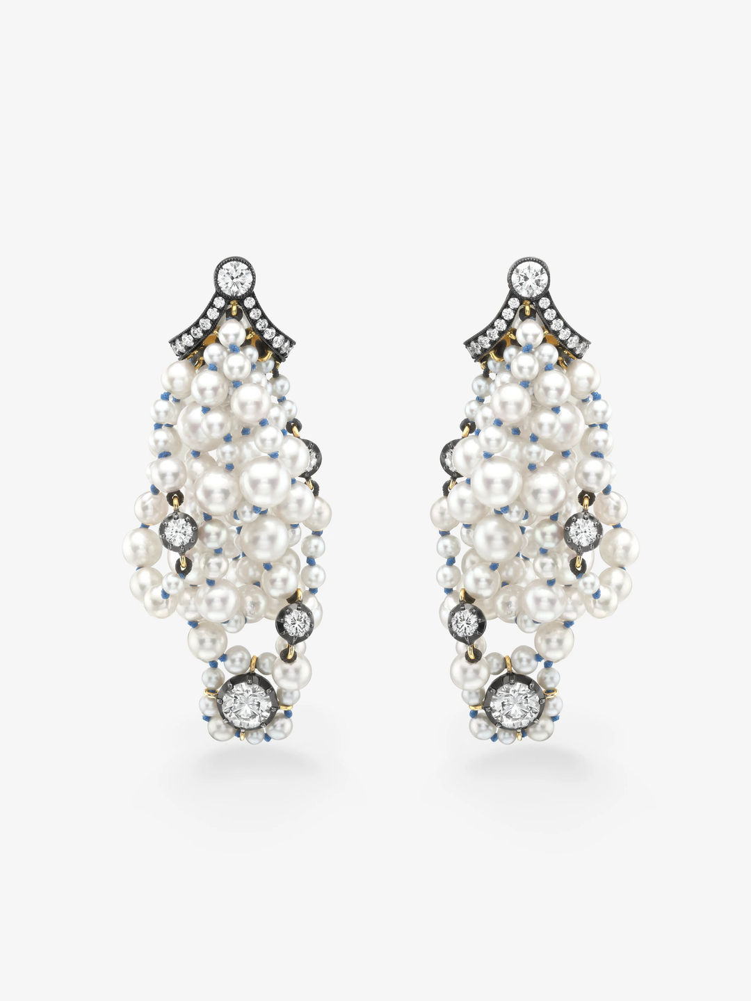 Jessica McCormack bow drop earrings featuring dense clusters of white pearls and diamonds in a sculptural, antique-inspired design  View 1
