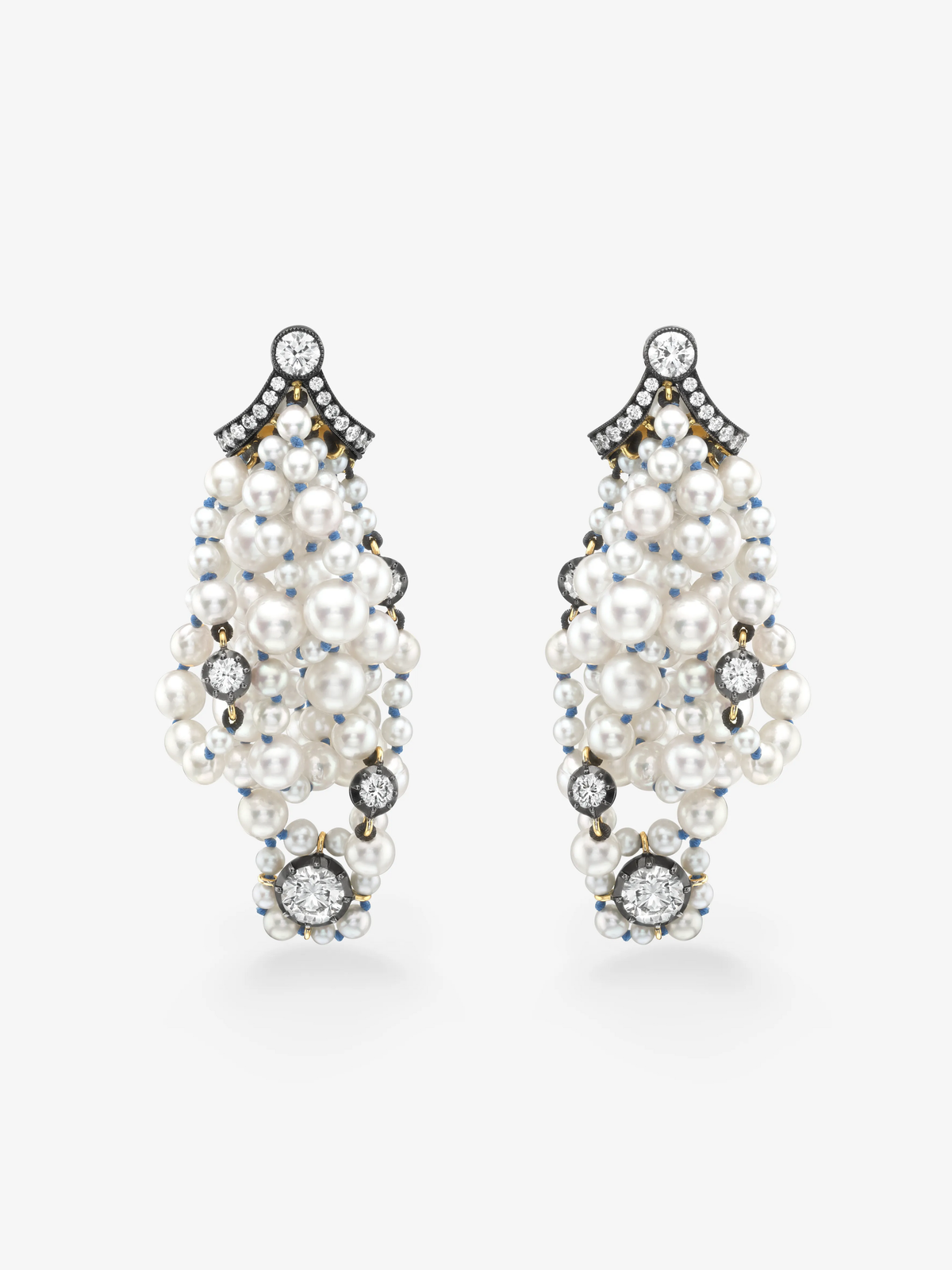 Jessica McCormack bow drop earrings featuring dense clusters of white pearls and diamonds in a sculptural, antique-inspired design View 1
