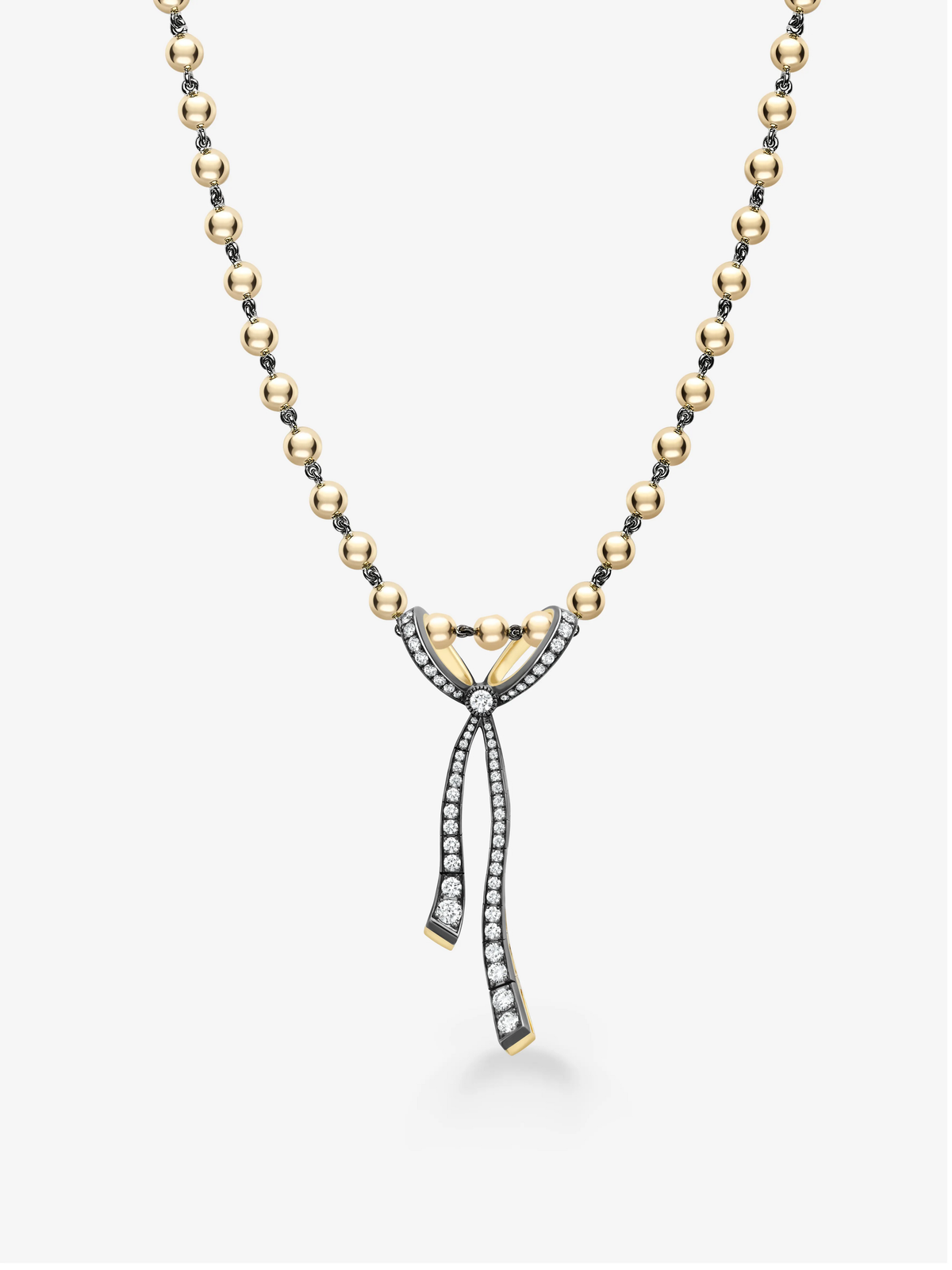 Diamond ribbon pendant necklace with a beaded gold chain and two elongated diamond set tails in a contemporary bow inspired design View 2