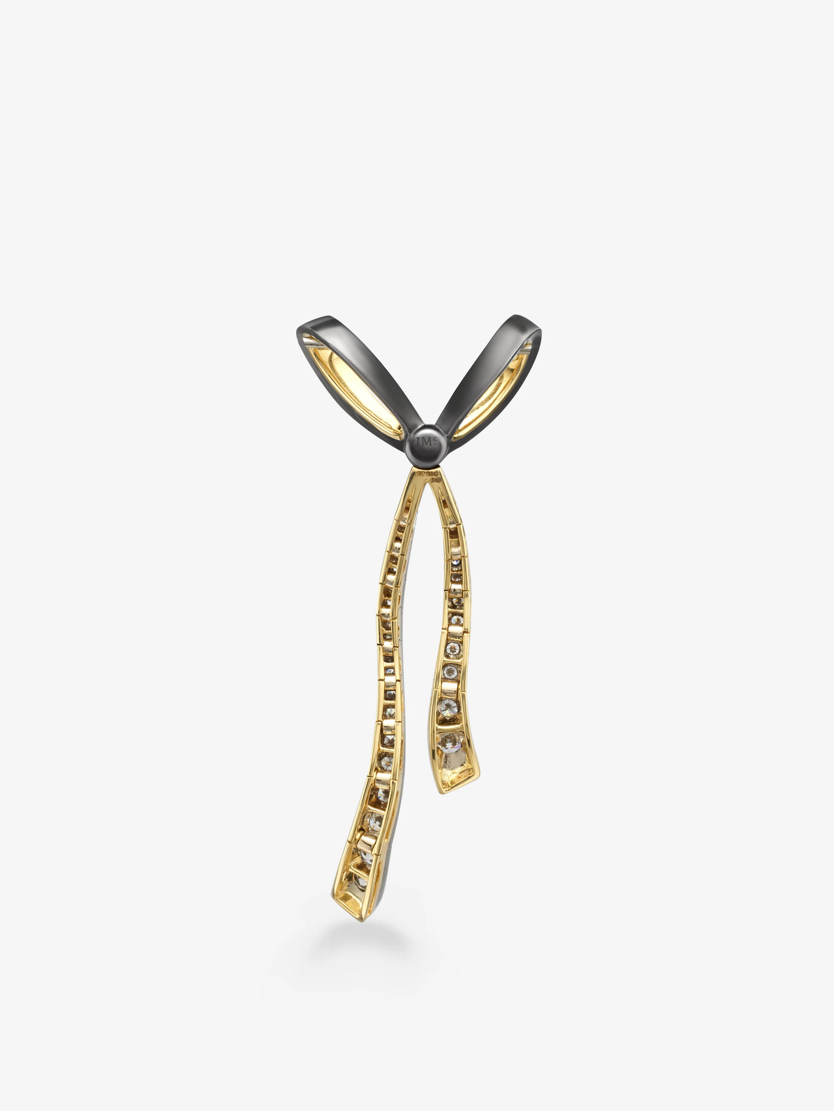 Jessica McCormack diamond ribbon pendant with a sculptural bow design, blackened and yellow gold tones, and two long diamond set trailing loops View 5