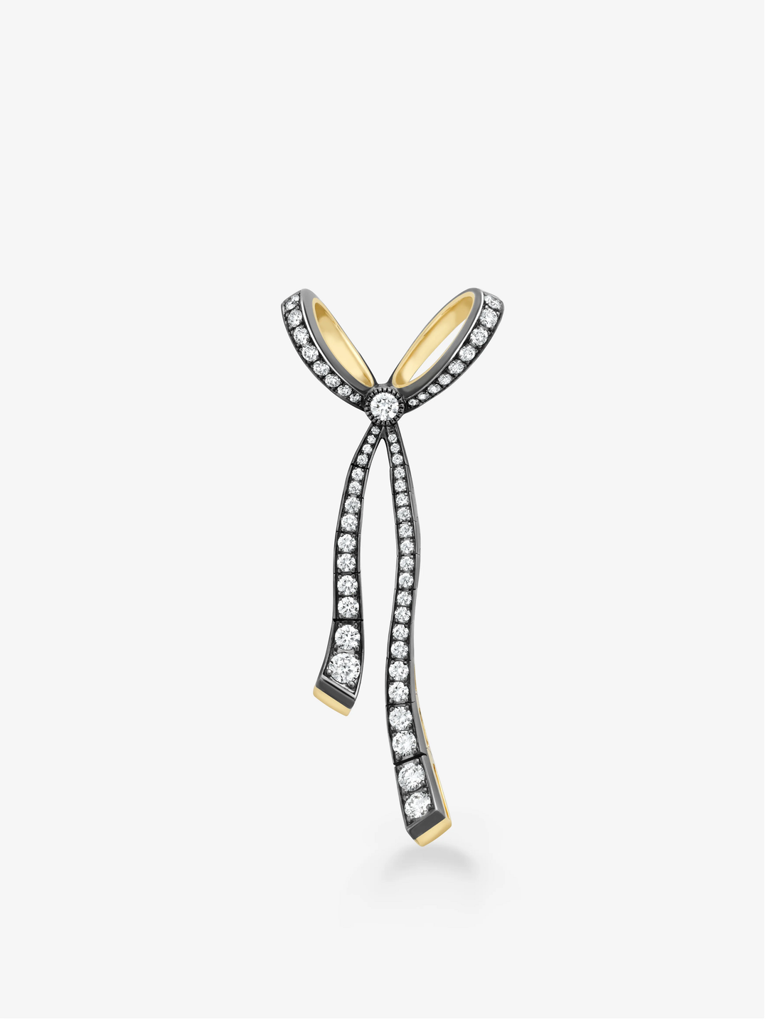 Diamond ribbon pendant with looping tails, pave diamond detailing, a central round diamond and polished gold edges in an antique-inspired contemporary design  View 1