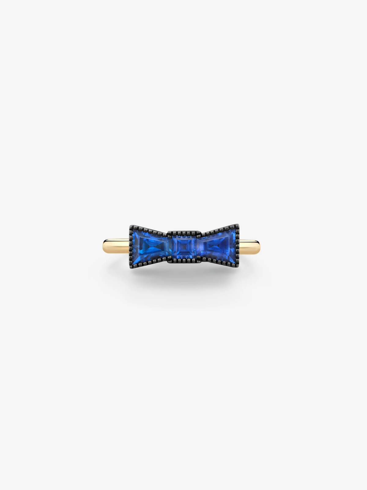 Bow-shaped sapphire ring with vivid blue stones in a blackened gold setting and polished gold band View 1