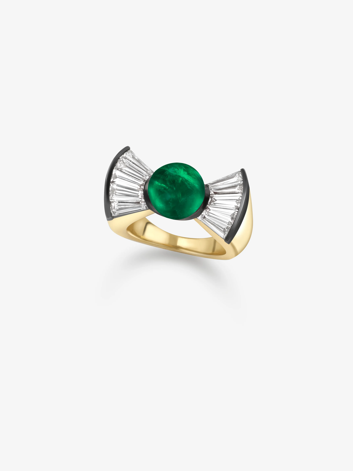 Jessica McCormack ring with a vivid emerald centre stone, fan-shaped diamond accents and a sculptural gold band blending antique-inspired artistry with contemporary style View 2