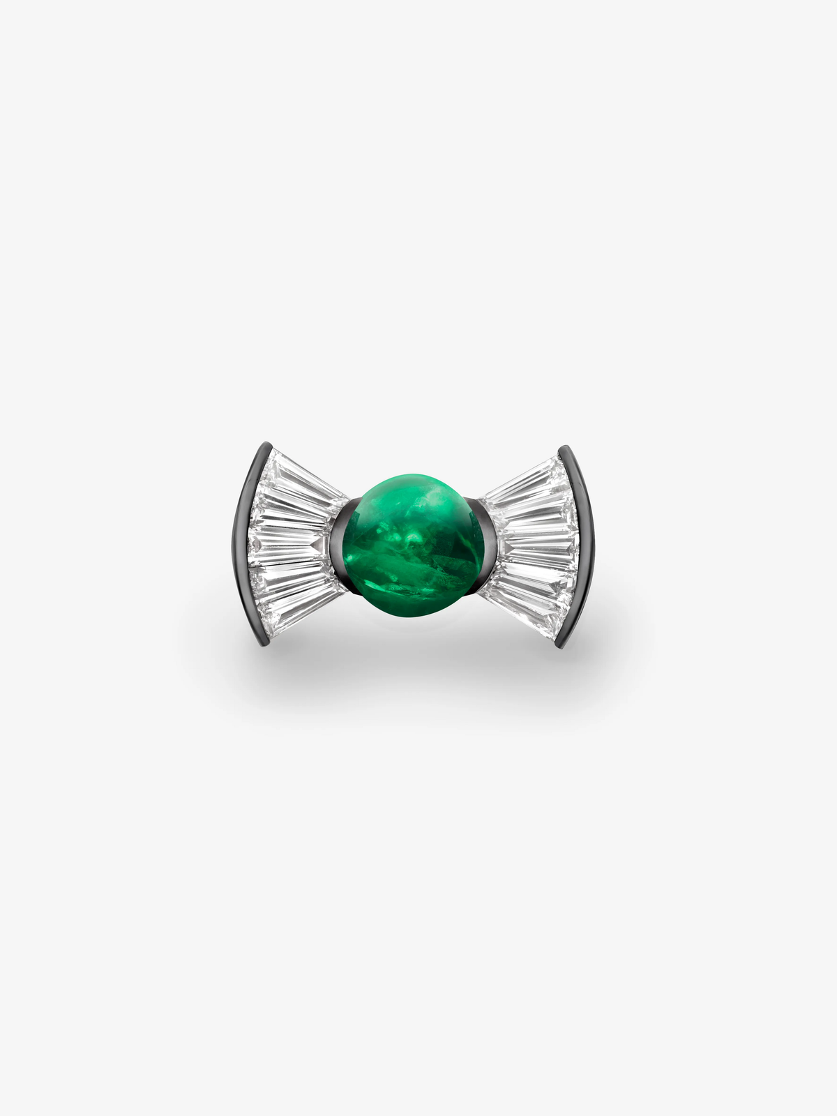 Jessica McCormack ring with a round green emerald centre and fan-shaped diamond-set shoulders in an antique-inspired bow design View 1