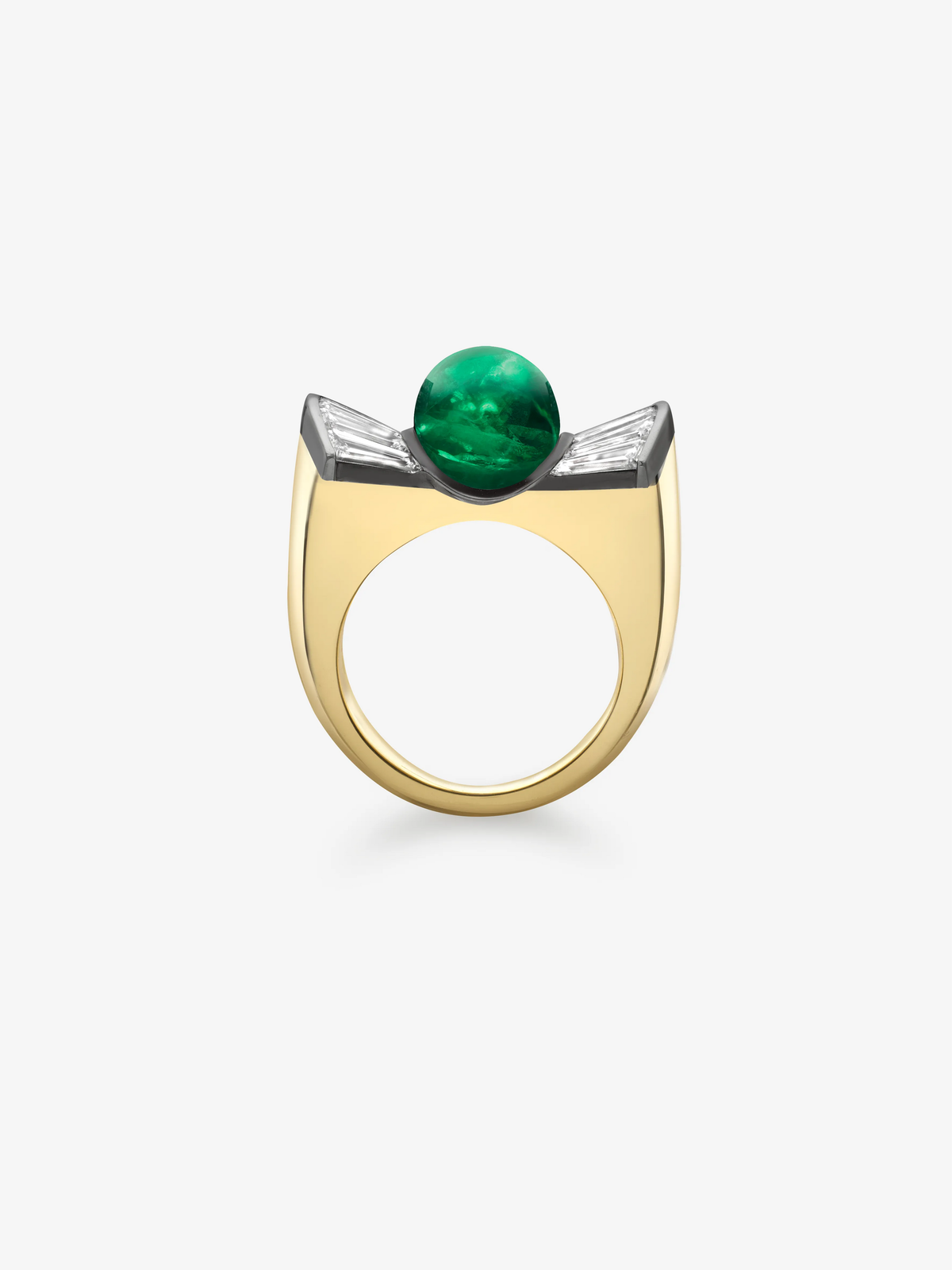 Jessica McCormack diamond and emerald ring with a round green emerald, white gold diamond shoulders and a polished yellow gold band. View 4