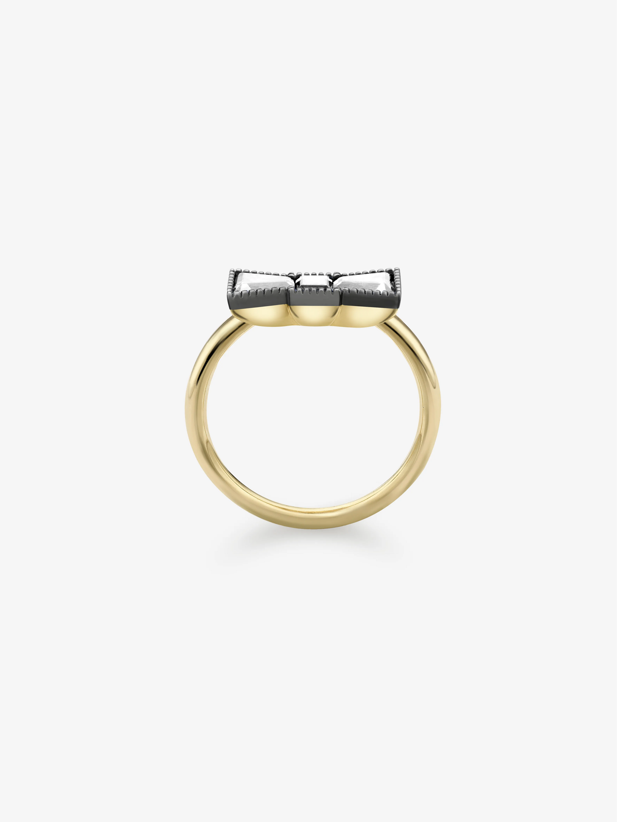 Blackened gold diamond ring with a polished yellow gold band and raised bow-inspired setting, shown in profile. View 4