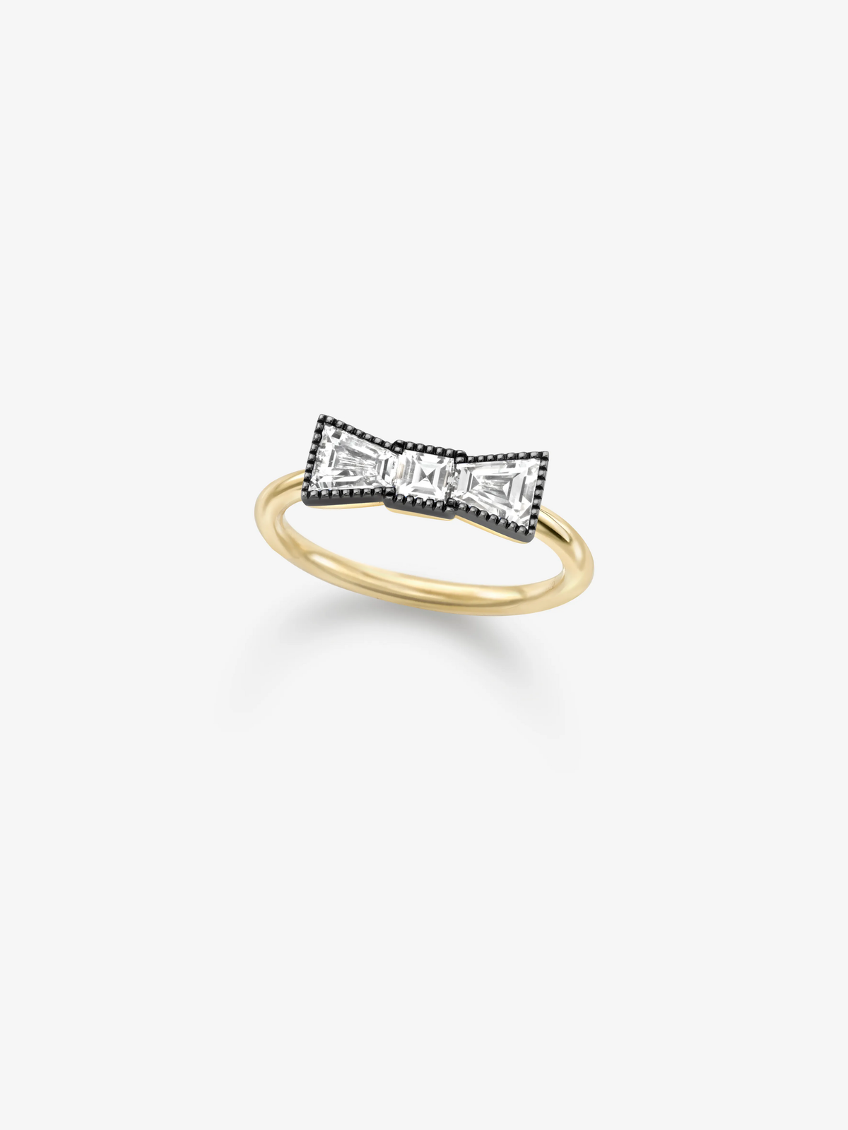 Bow shaped diamond ring with blackened gold detailing and a polished gold band, showcasing Jessica McCormack antique inspired contemporary style View 2