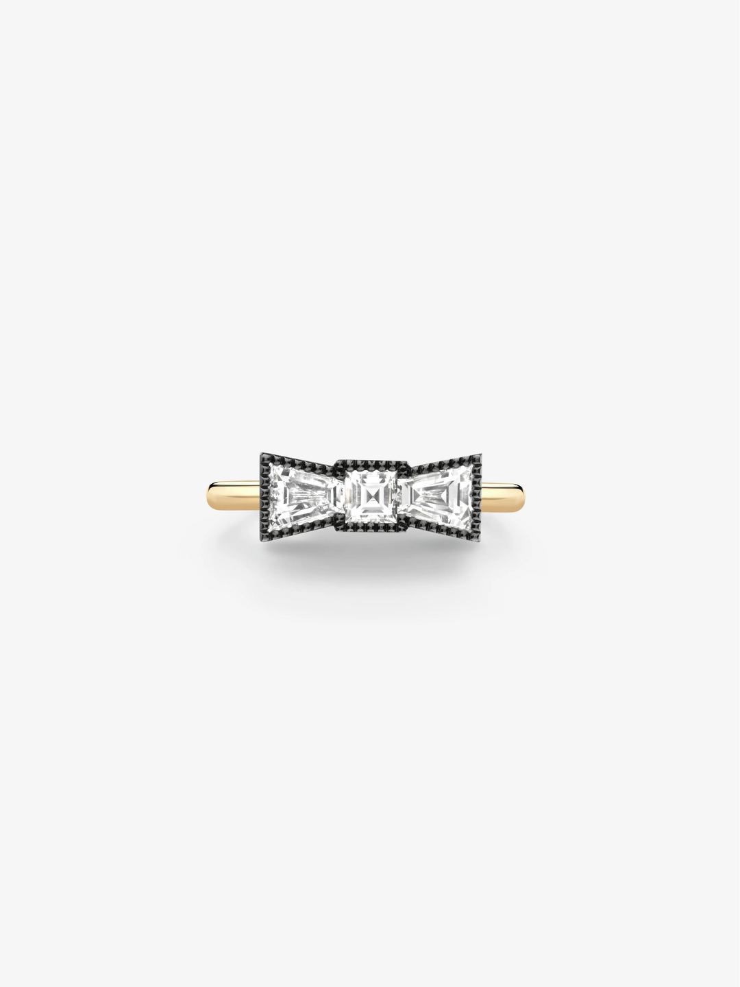 Bow-shaped diamond ring with a blackened gold setting and polished yellow gold band  View 1