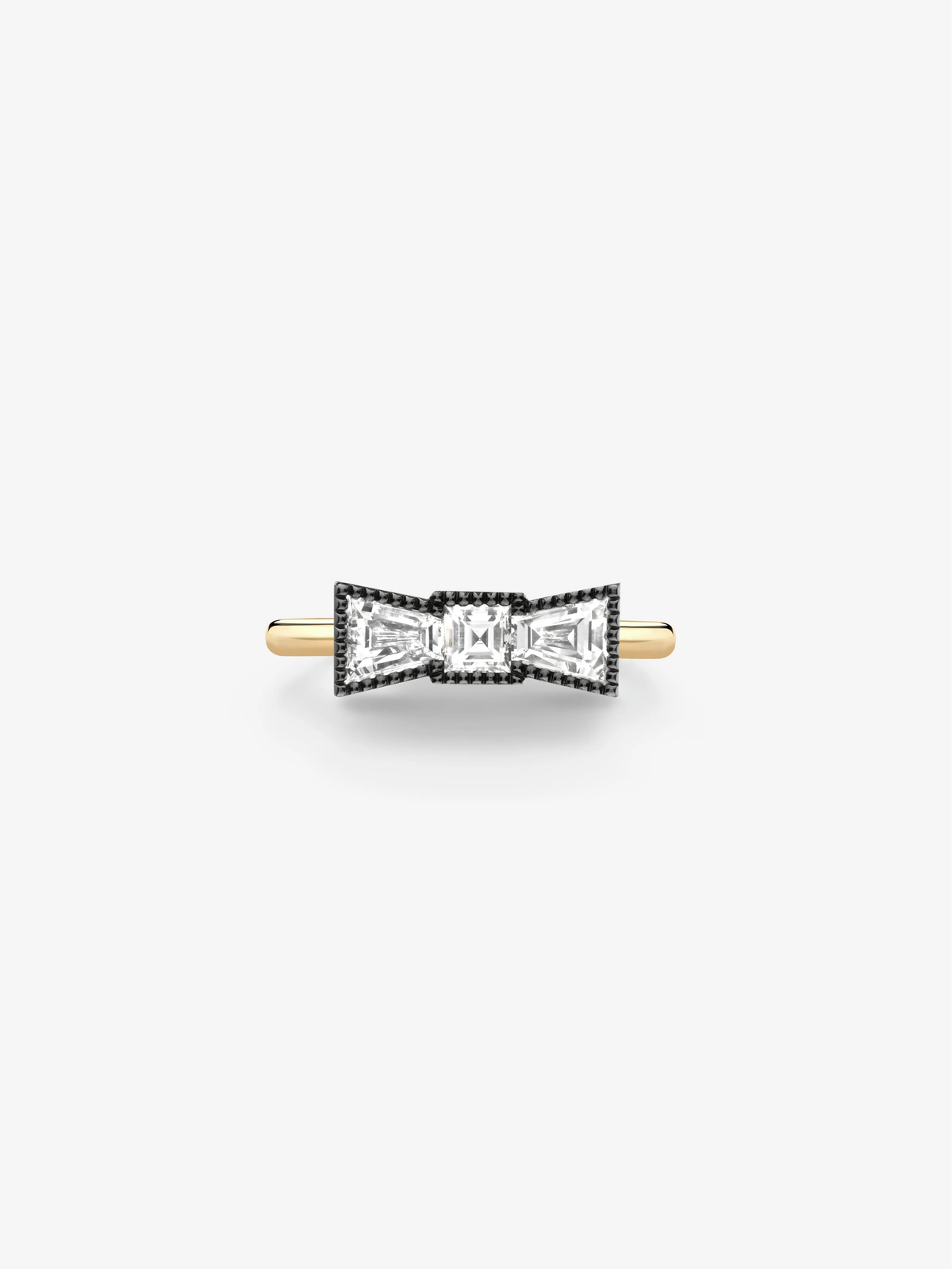 Bow-shaped diamond ring with a blackened gold setting and polished yellow gold band View 1