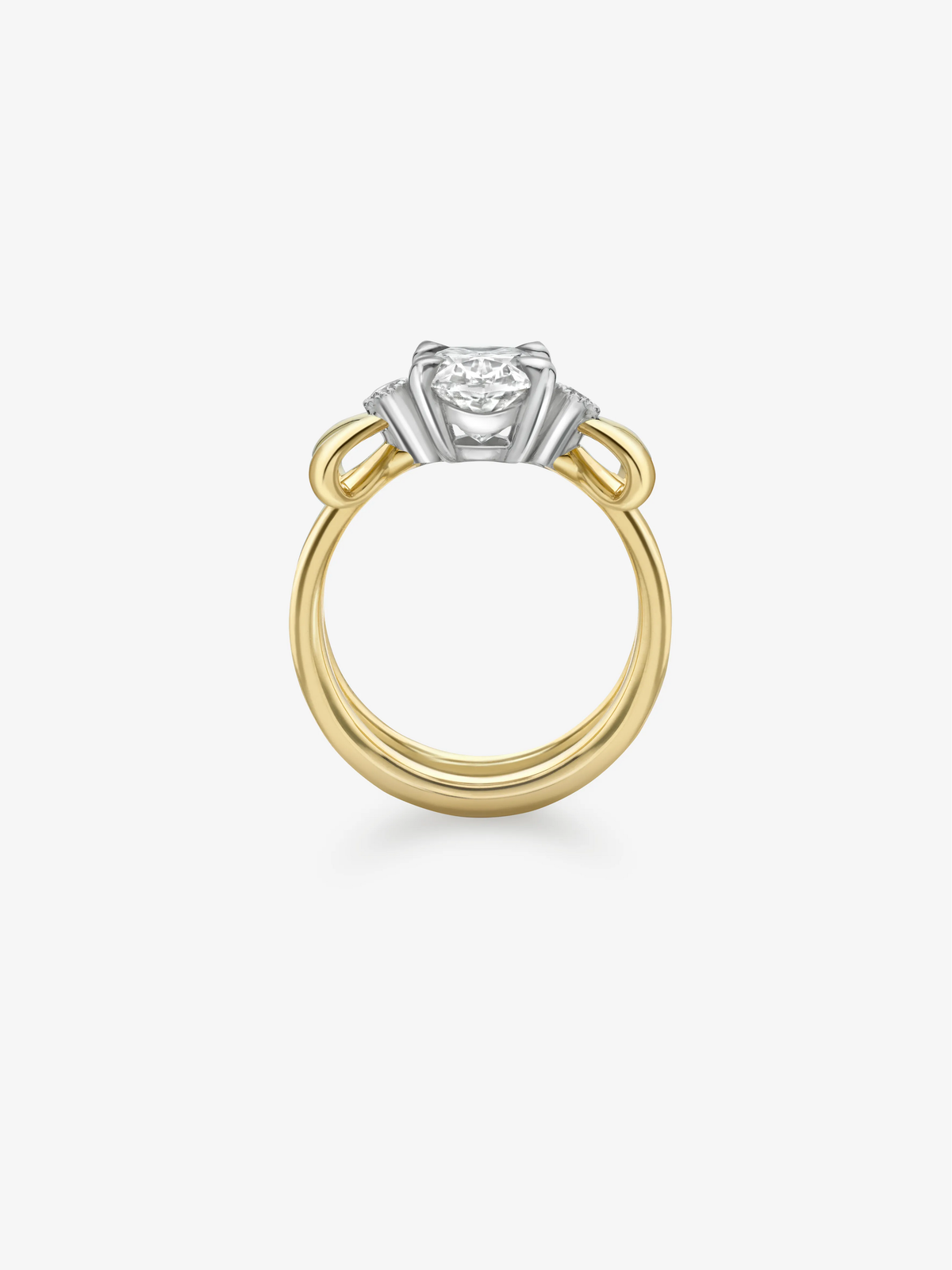 Oval diamond ring with a yellow gold band and contrasting white gold bow inspired setting showcasing distinctive craftsmanship in a contemporary design View 4