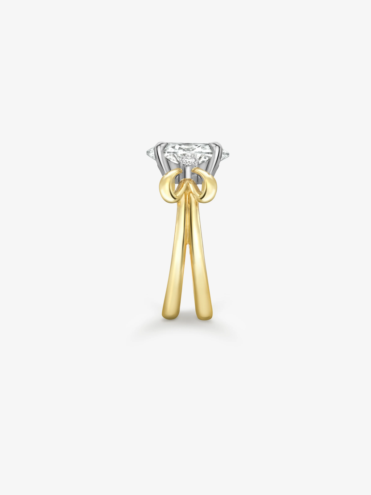 Side view of a Jessica McCormack ring featuring a 3.01ct oval diamond in an antique inspired two tone gold bow setting View 3