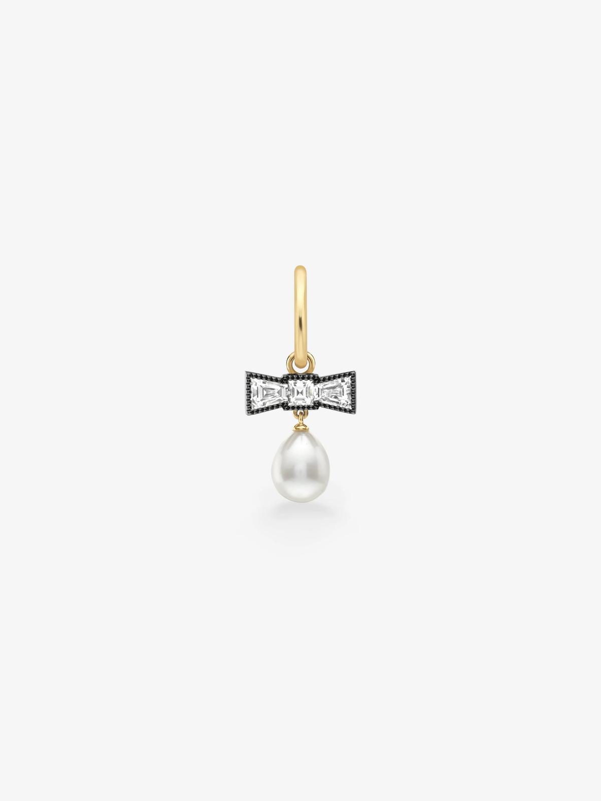 Jessica McCormack single hoop earring in gold with a diamond bow motif and dangling white pearl, showcasing antique inspired craftsmanship and contemporary style View 1