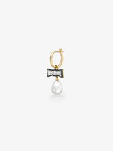 Single gold hoop earring with a diamond bow detail and hanging freshwater pearl, showcasing contemporary style and antique-inspired craftsmanship