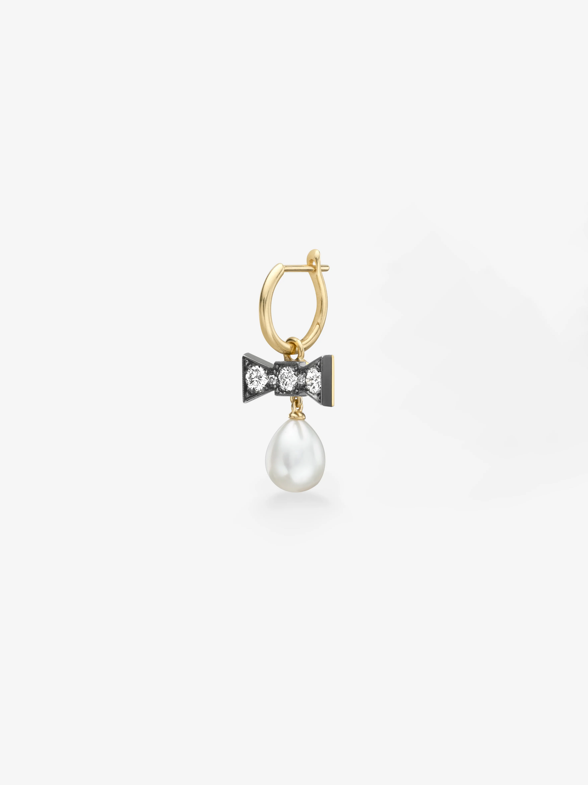 Jessica McCormack single hoop earring with a yellow gold hoop diamond set blackened bow motif and a hanging white pearl View 2