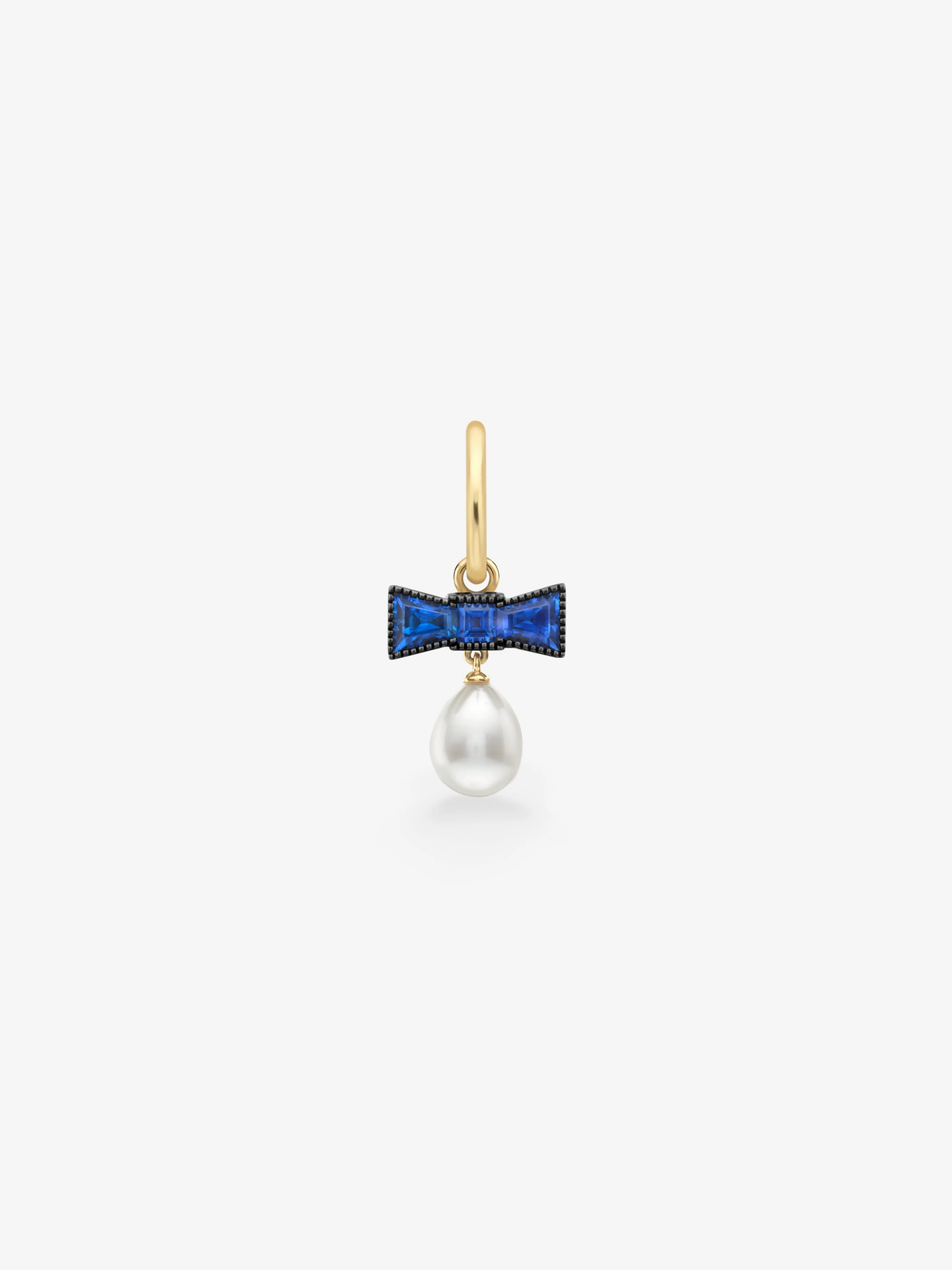 Single gold hoop earring with a blue sapphire bow motif and a lustrous pearl drop, blending antique-inspired detail with contemporary style View 1
