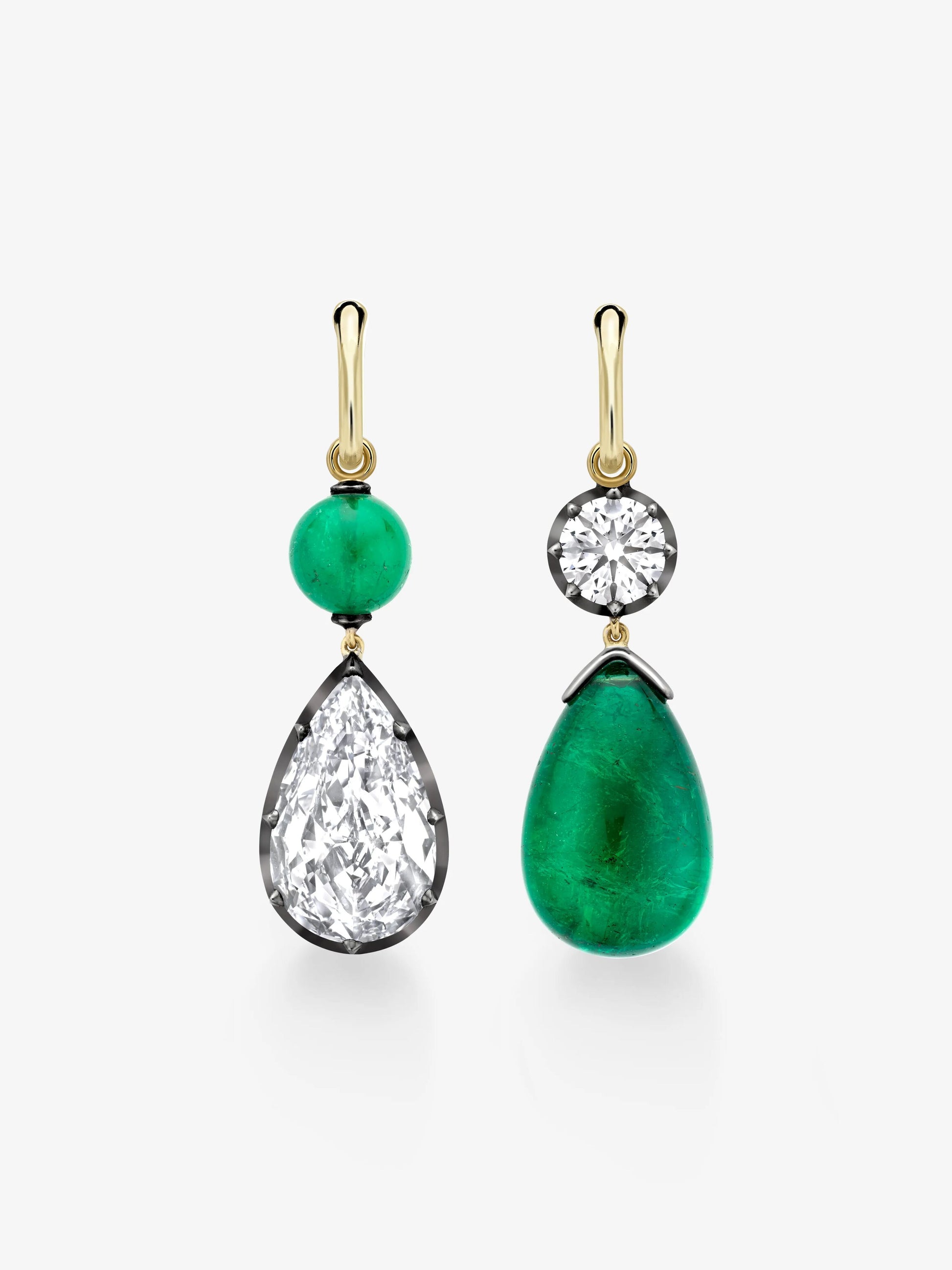 Asymmetric Cabochon Emerald & Pear-Shaped Diamond Hoop Earrings View 1