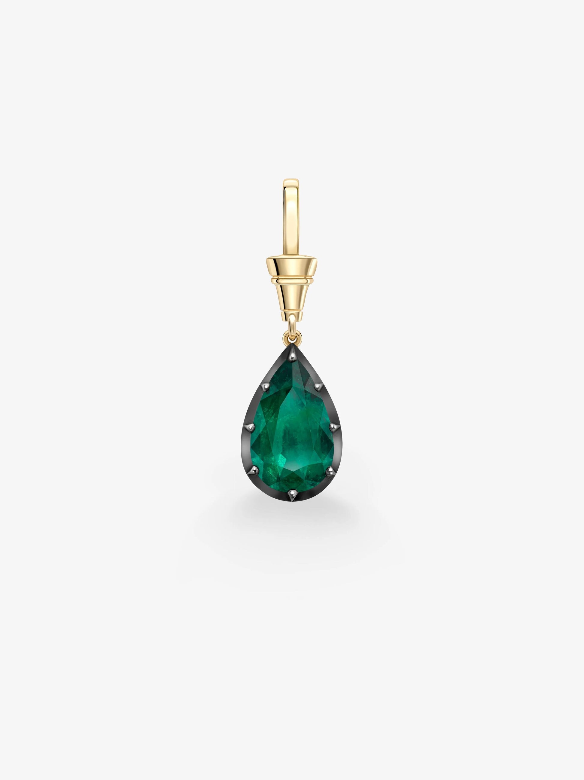 Pear-shaped emerald pendant set in yellow gold with blackened gold details, showcasing antique-inspired craftsmanship and contemporary design. View 1
