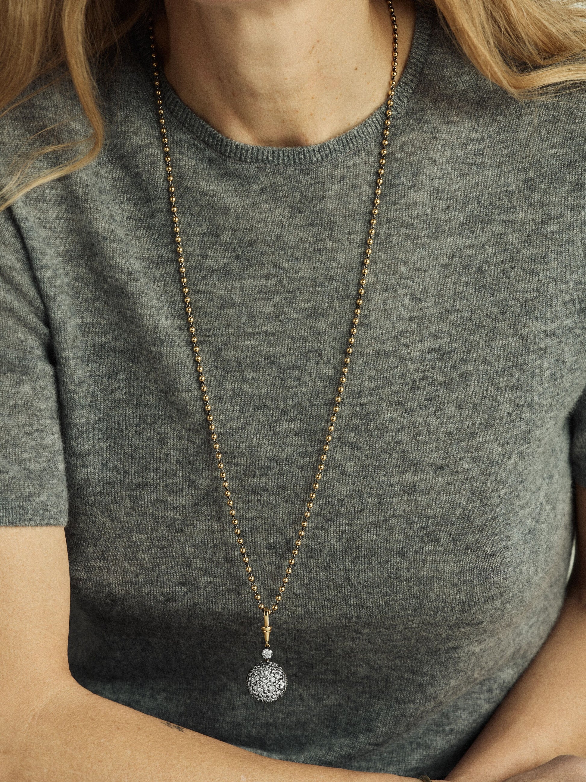 Orbit Yellow Gold & Diamond Pavé Sphere Pendant View 3