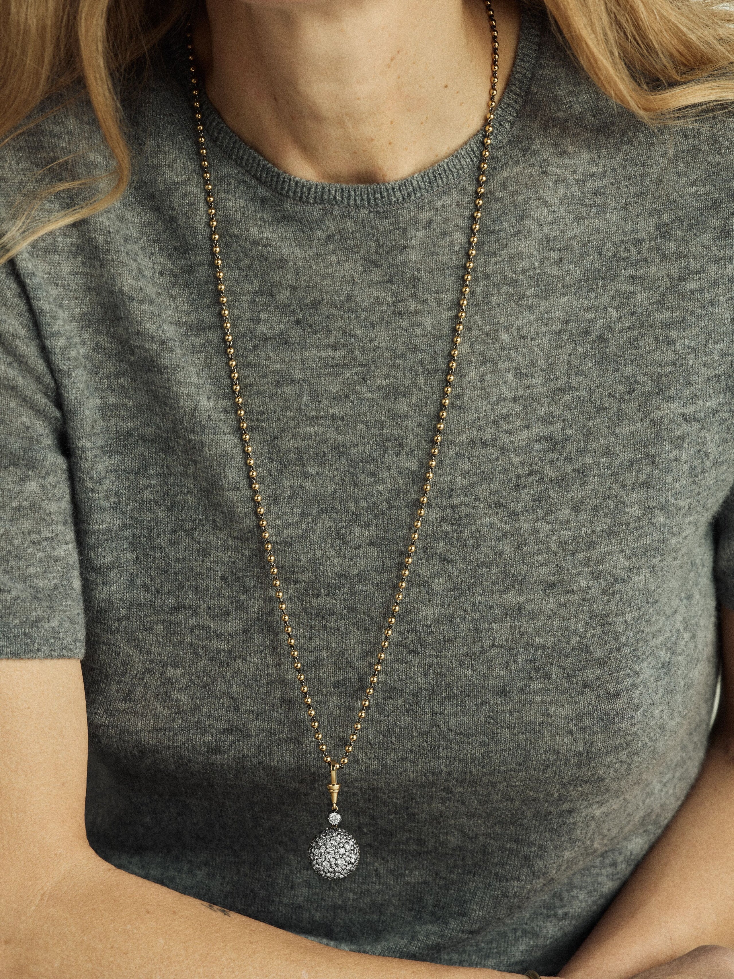 Orbit Yellow Gold & Diamond Pavé Sphere Pendant View 3