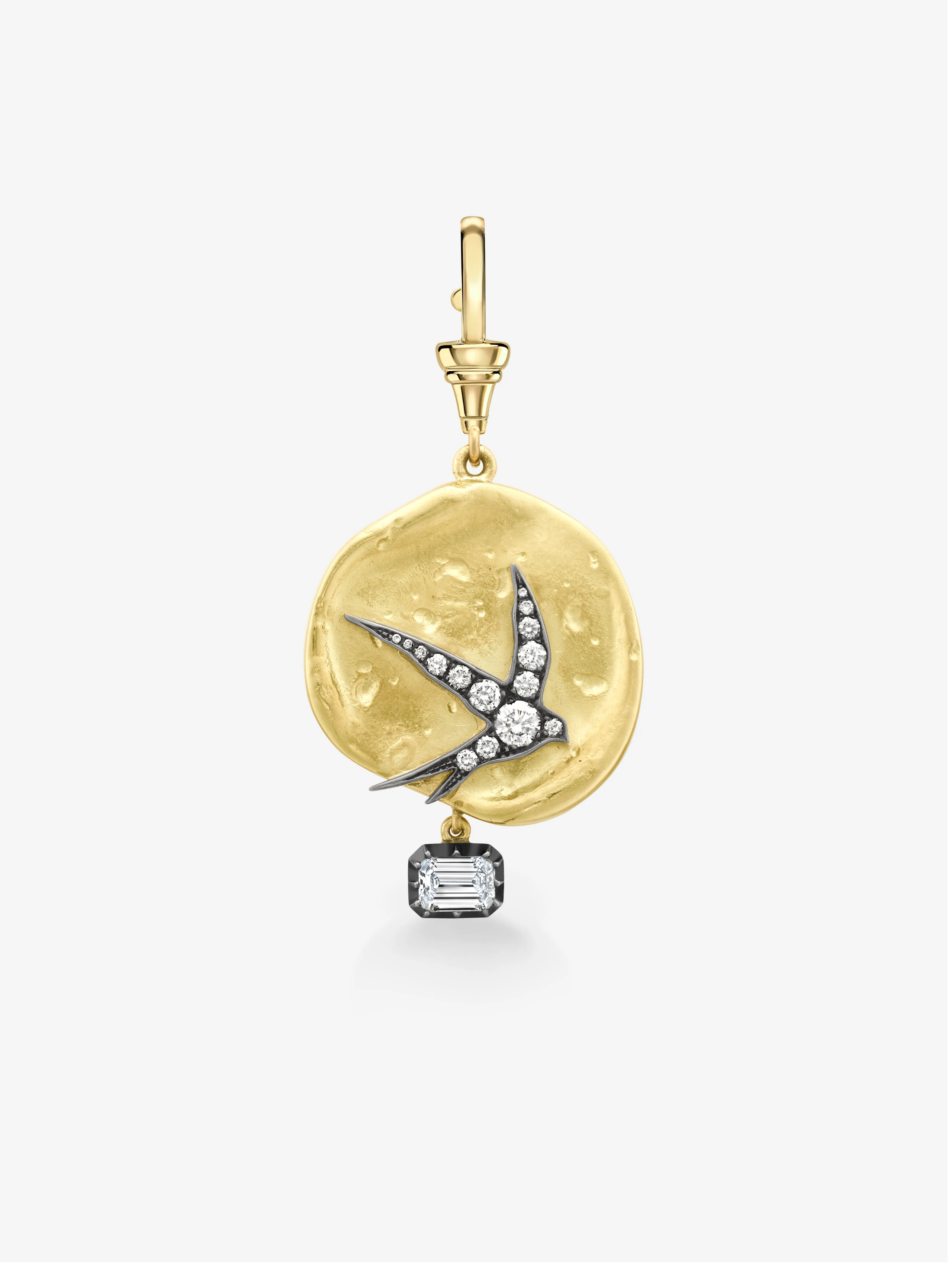 Gold pendant with a bird design on a white background View 1