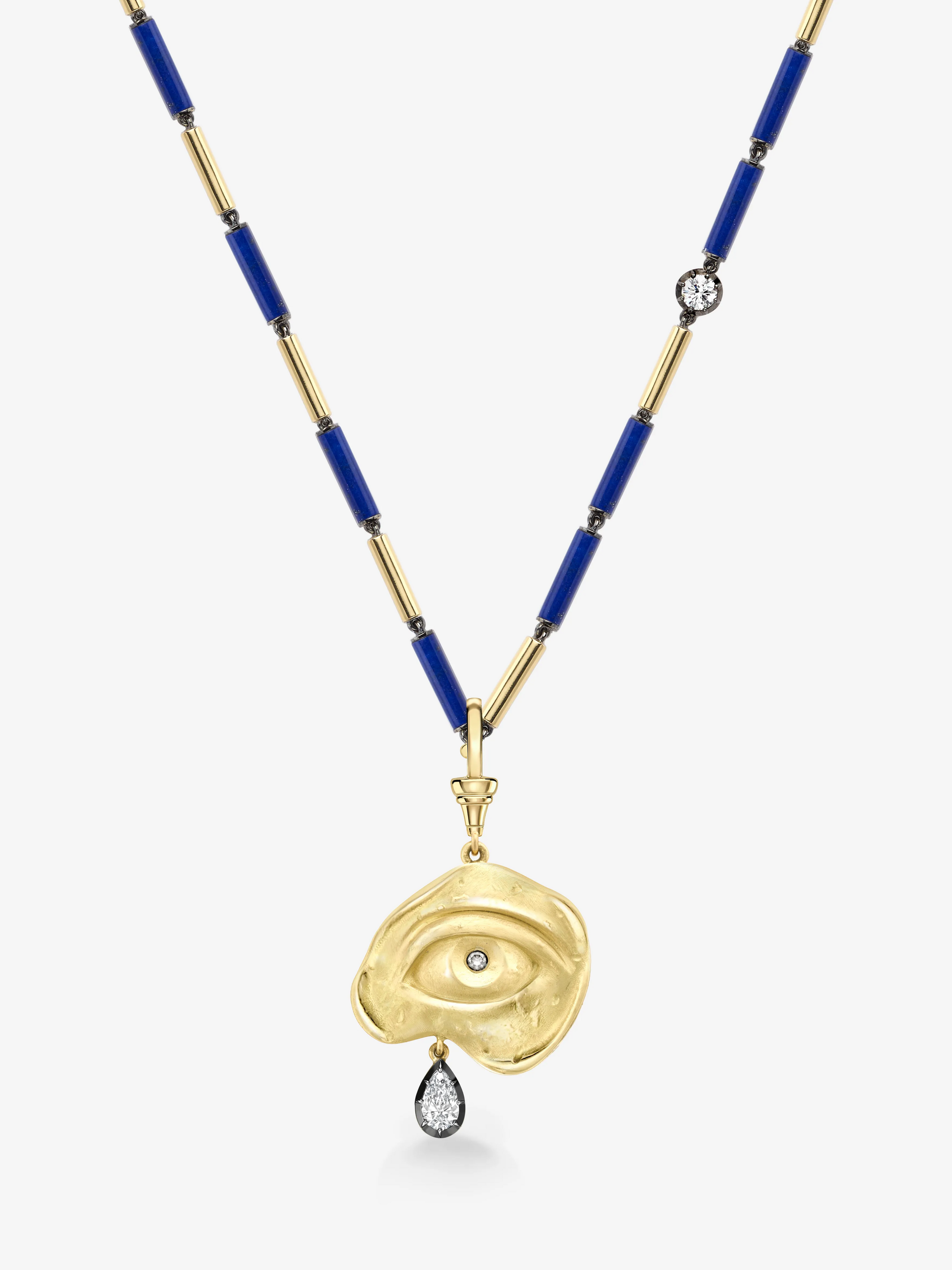 Gold necklace featuring a fluid medallion pendant with an inset round diamond and a blackened gold pear-shaped diamond drop, accented by blue cylindrical beads and delicate gold links. View 2