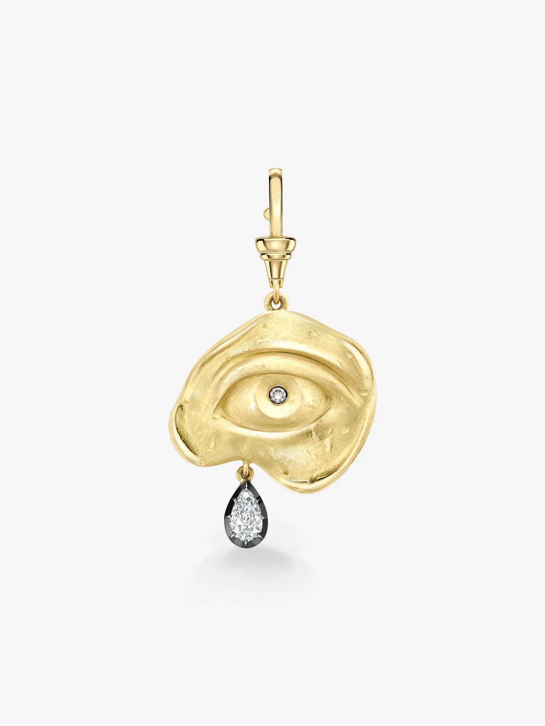 Gold pendant with eye design and diamond accent on a white background  View 1