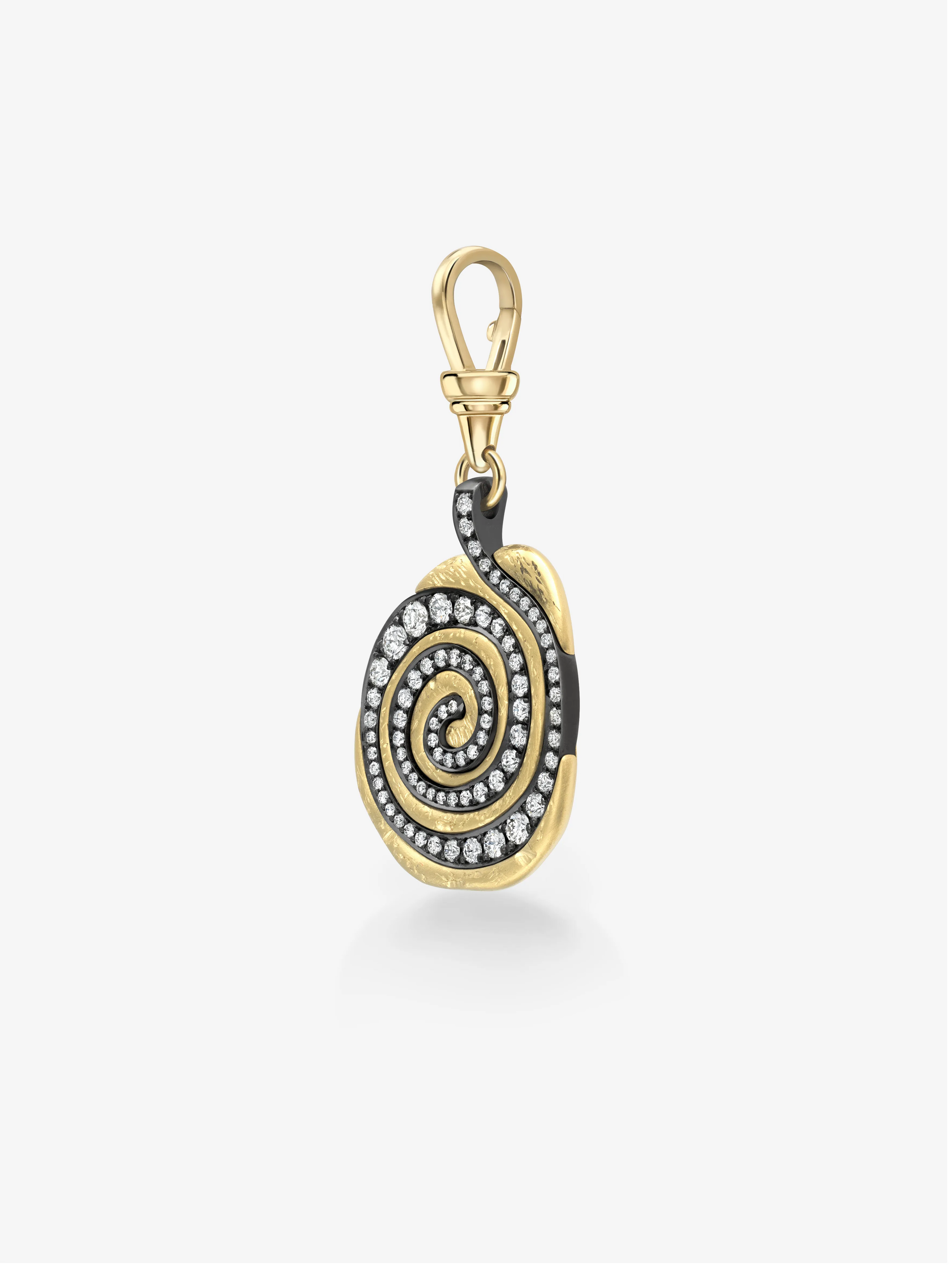 Gold and blackened gold pendant featuring a spiral design set with diamonds, combining antique-inspired craftsmanship with contemporary elegance. View 4