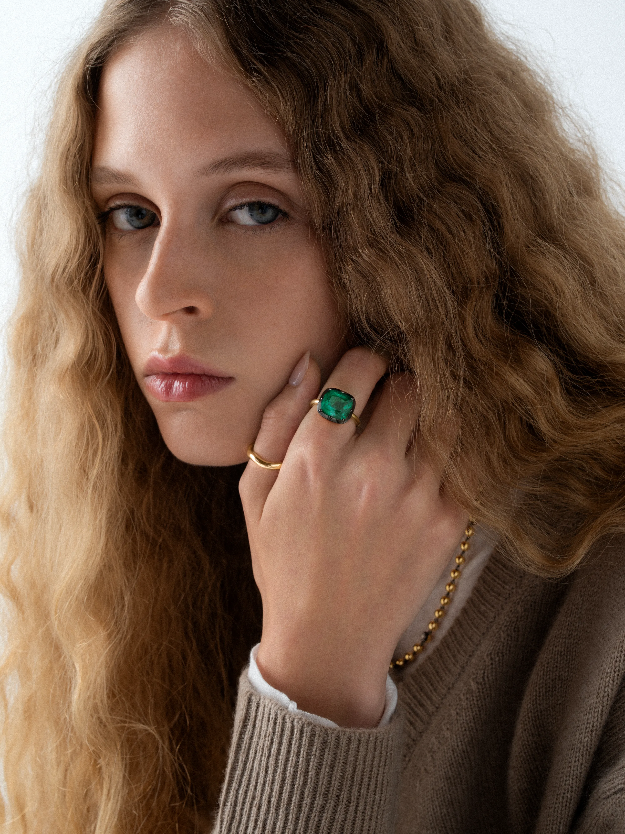 5.30ct East-West Cushion Emerald Button Back Ring View 3