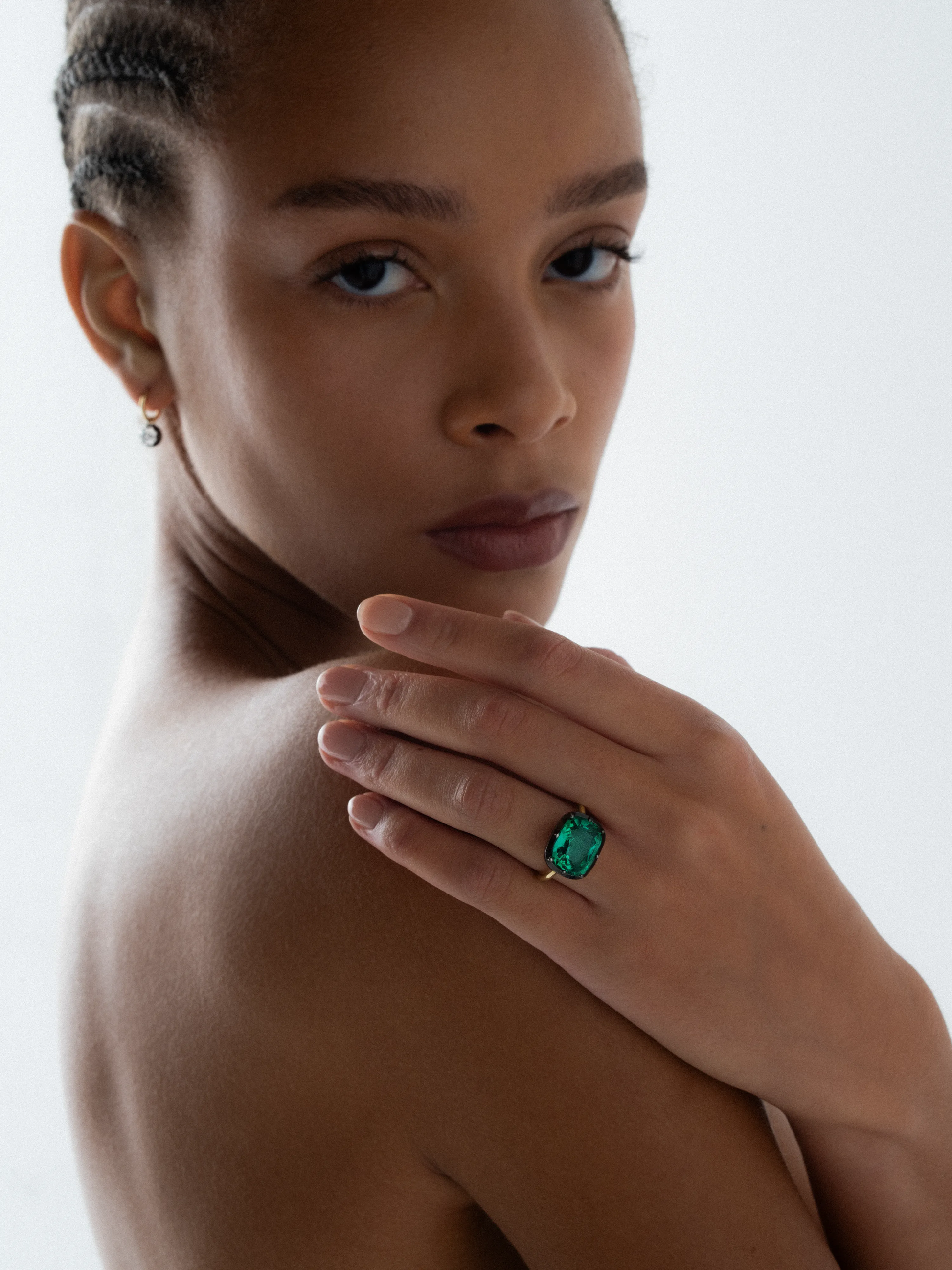 7.04ct East-West Cushion Emerald Button Back Ring View 3