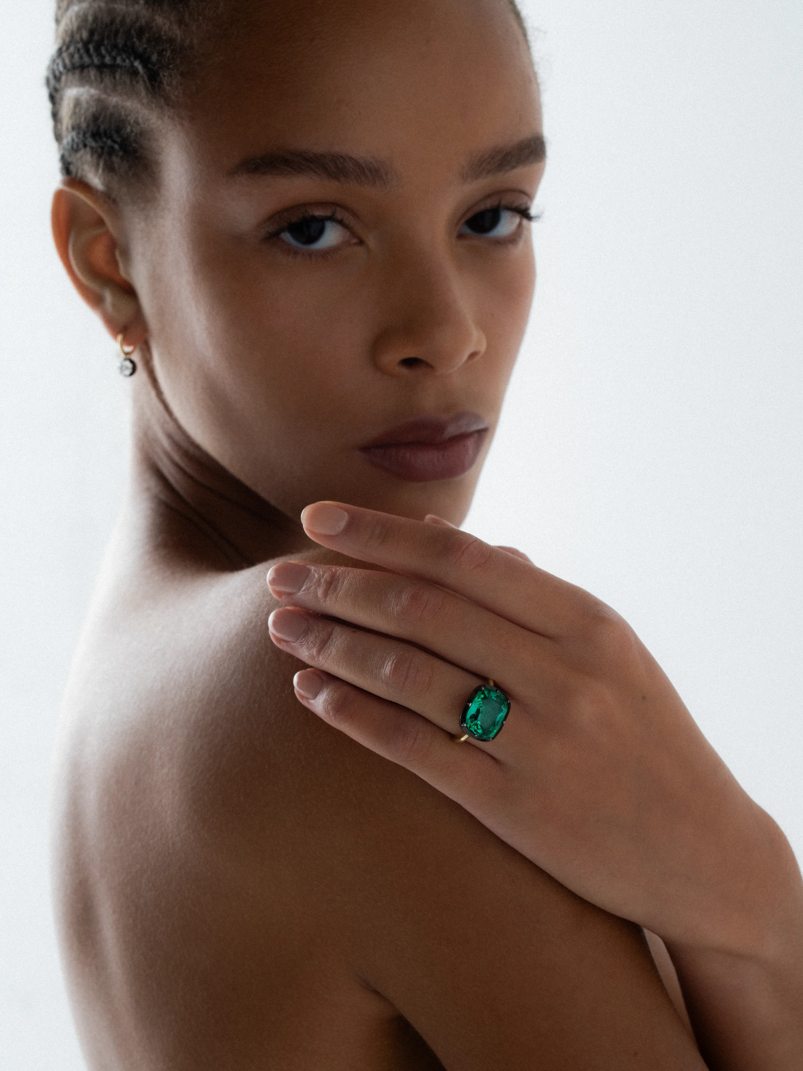 7.04ct East-West Cushion Emerald Button Back Ring View 3