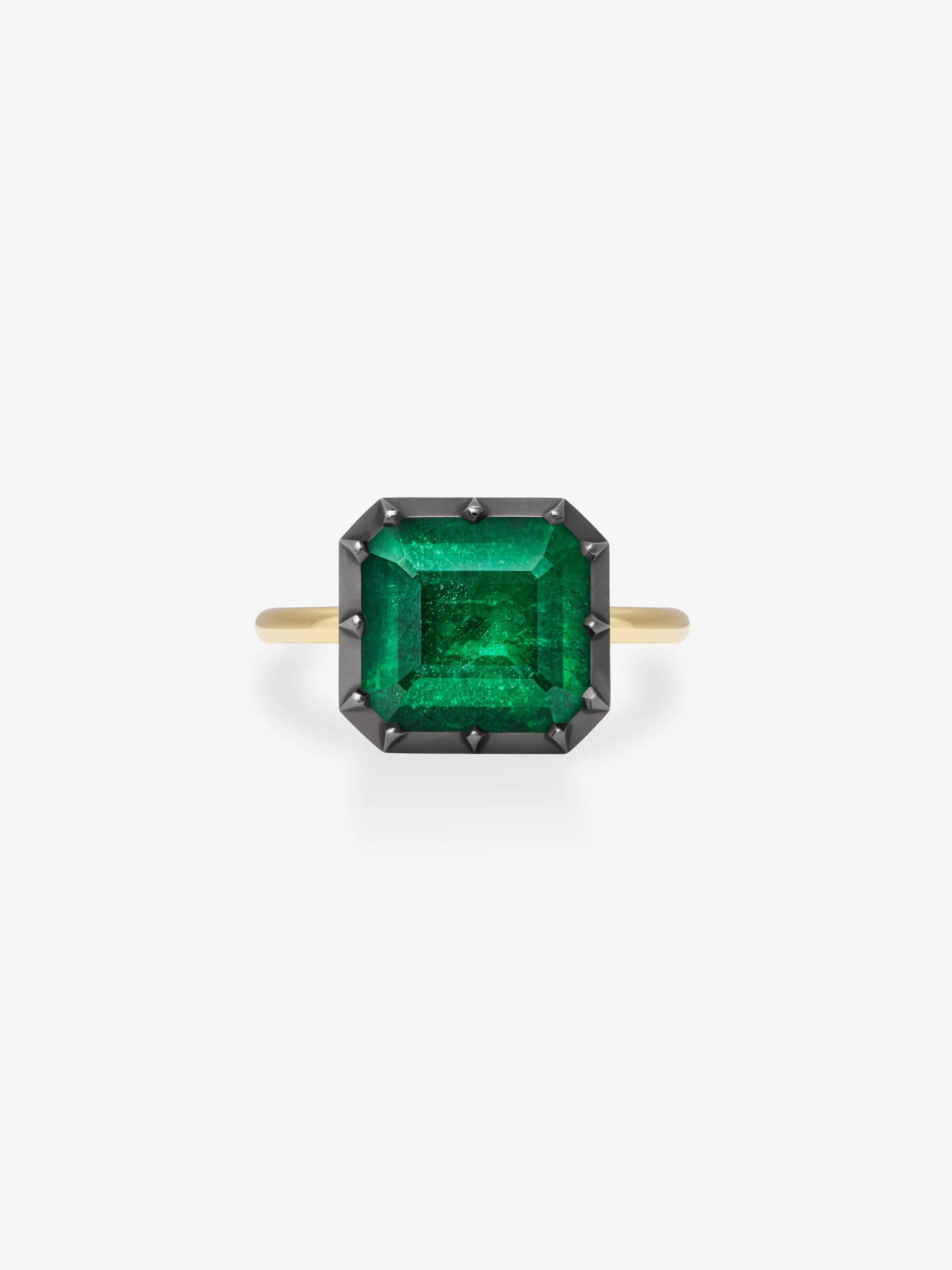5.09ct East-West Emerald Cut Emerald Button Back Ring View 1