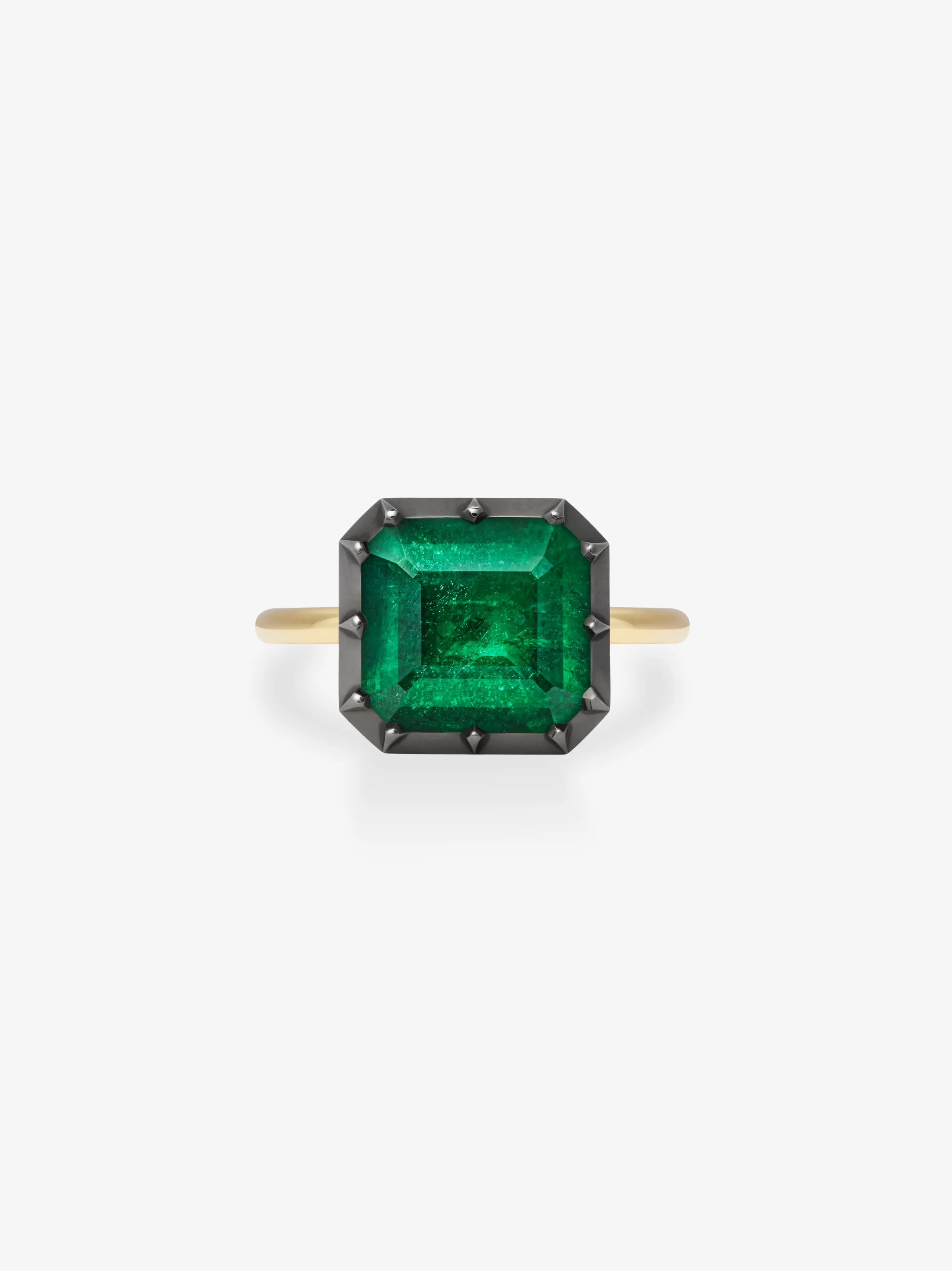 5.09ct East-West Emerald Cut Emerald Button Back Ring View 1
