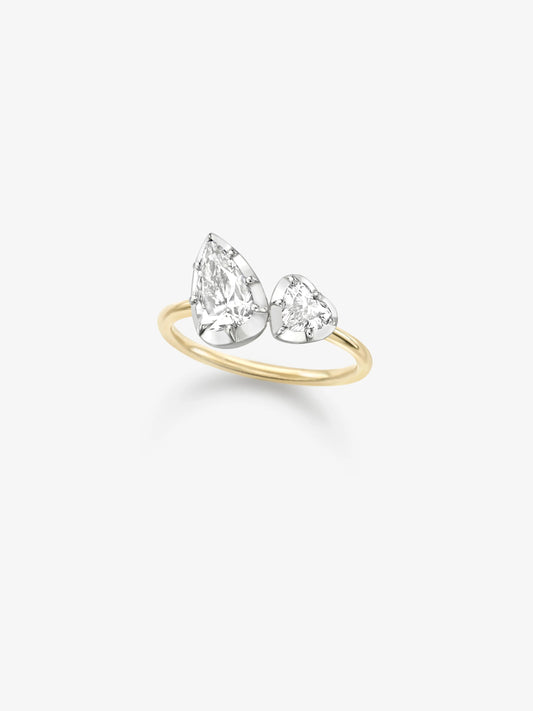 Toi et Moi Tilted Pear & Heart-Shaped Diamond Button Back Ring View 2